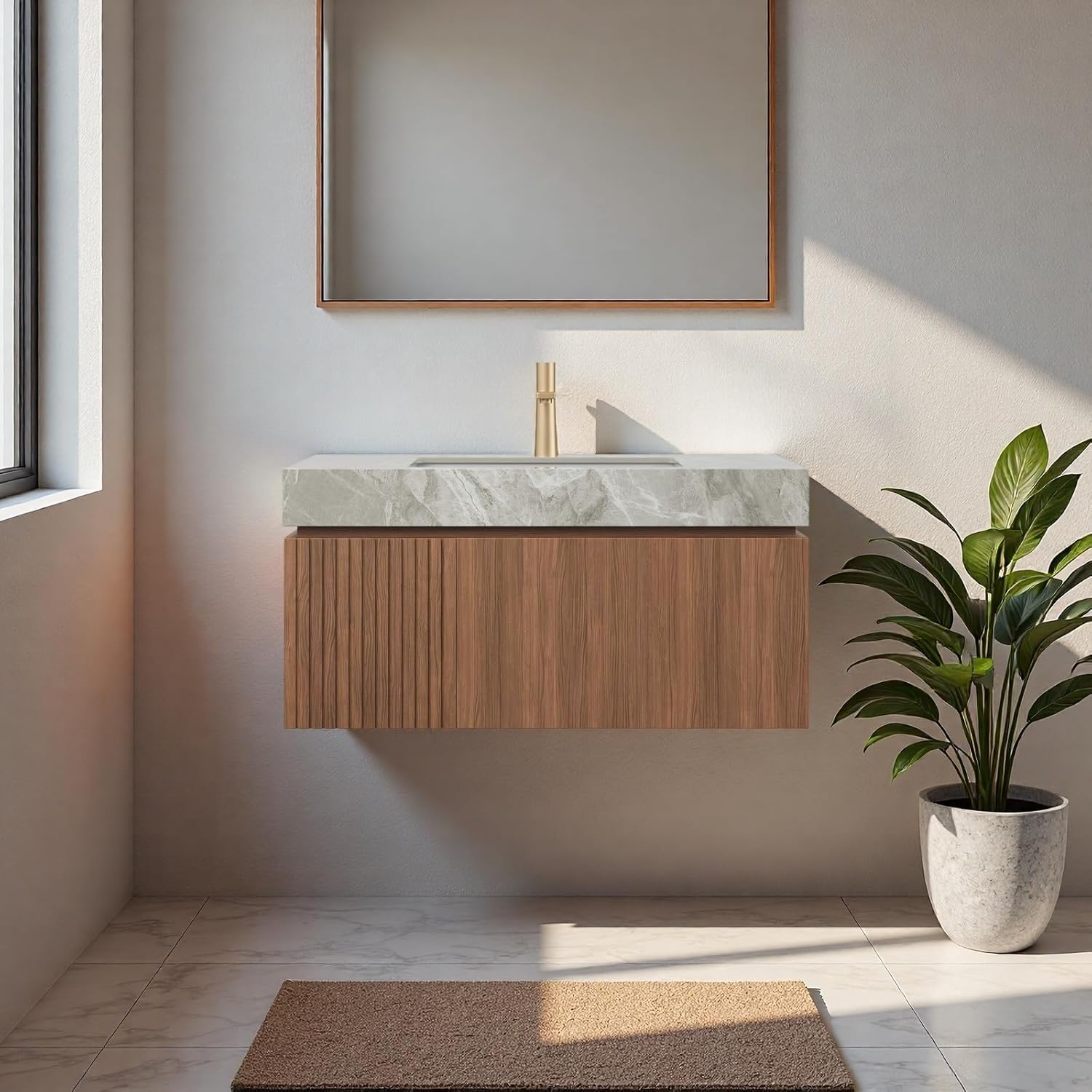 36" Bathroom Vanity with Sink, Wall-Mounted Plywood Bathroom Storage Cabinet with Ceramic Basin & Sintered Stone Countertop, Modern Pre-Assembled Floating Vanity with Drawer & Door, Brown Oak