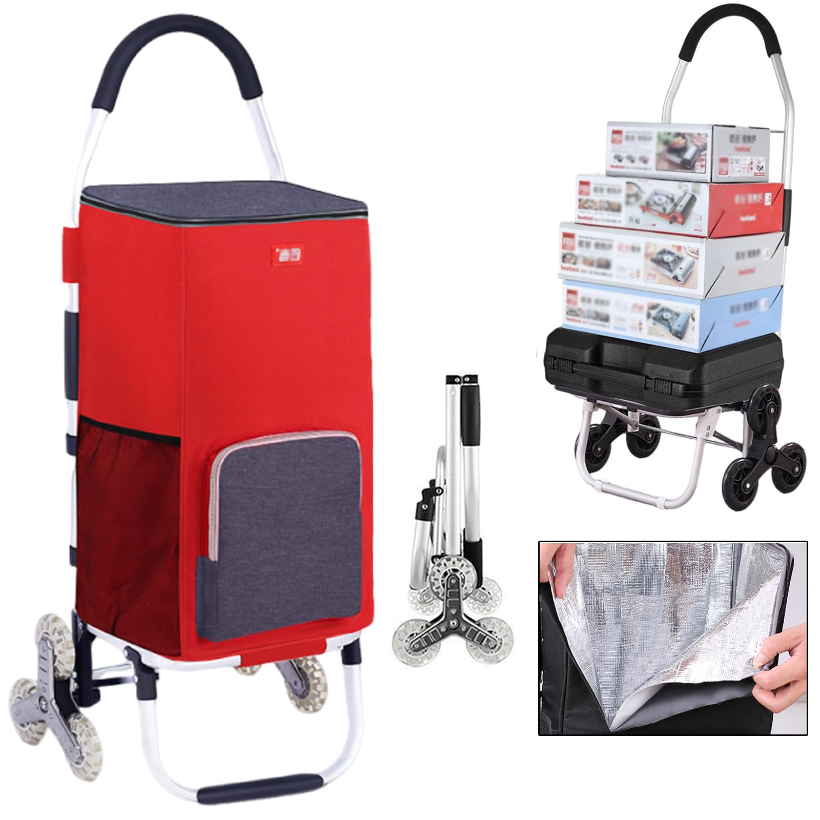 Einkaufstrolley Klappbar Treppensteiger 50L Volumen Einkaufstasche mit Rollen, Wasserfest, Faltbar Trolley Einkaufstrolley (Red)