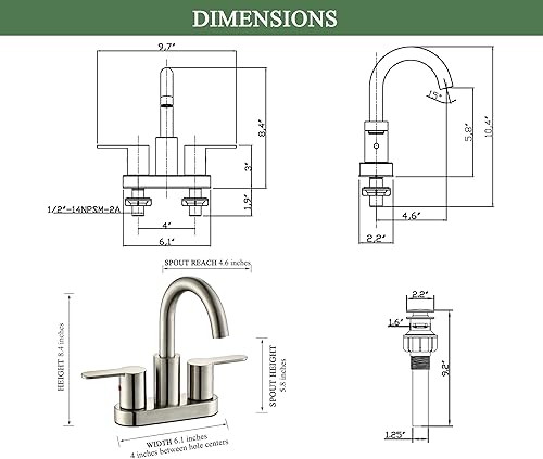 Miniatura 6 de Grifo de Lavabo de Baño Centerset de 2 Manijas Níquel Cepillado con Ensamblaje de Desagüe, Arco Alto Moderno de 4 Pulgadas Grifo de Tocador de Baño