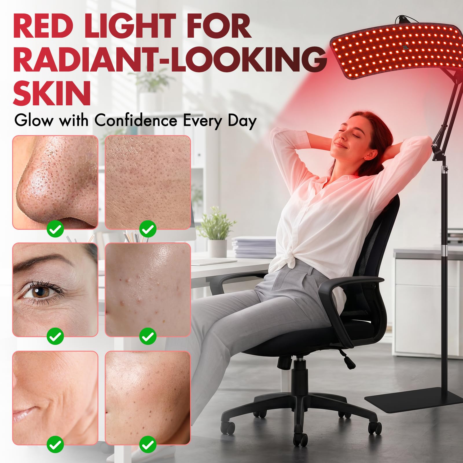 Rotlichtlampe für Gesicht & Körper, 126 LEDs Rotlichtpanel mit Gebogenem Kopf, 660nm 850nm 940nm Licht, 5 Helligkeitsstufen, Verstellbarer Standfuß & Schutzbrille für Home Wellness & Entspannung