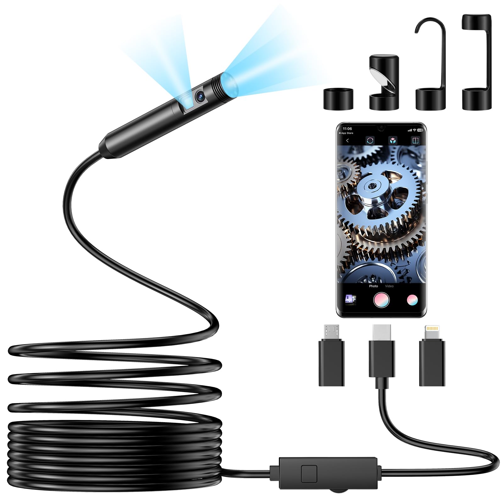 OneAmg Endoskopkamera mit Licht,1920P HD Doppellinse Endoskopkamera Handy mit 8 +1 LED Wasserdichtes IP67 Inspektionskamera Kein WLAN Erforderlich Endoskop Kamera für Android & iOS (16.4 ft/5m)