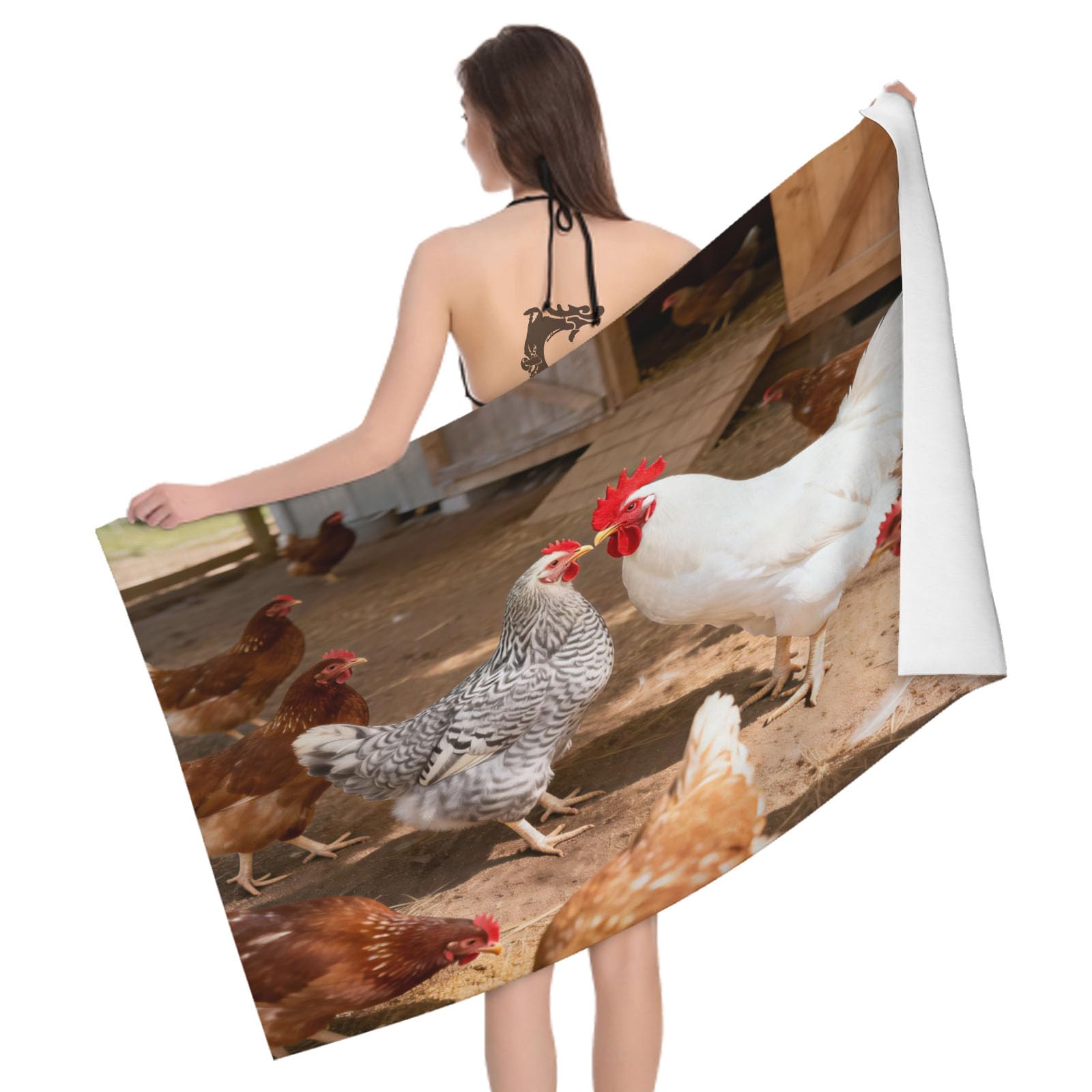 Leichong 3D Farm Chicken Beach Towel Microfiber Soft Quick Dry for Adults, Rooster Bath Towel Lightweight Soft Absorbent for Travel Swimming Pool Sports, 75 x 150 cm