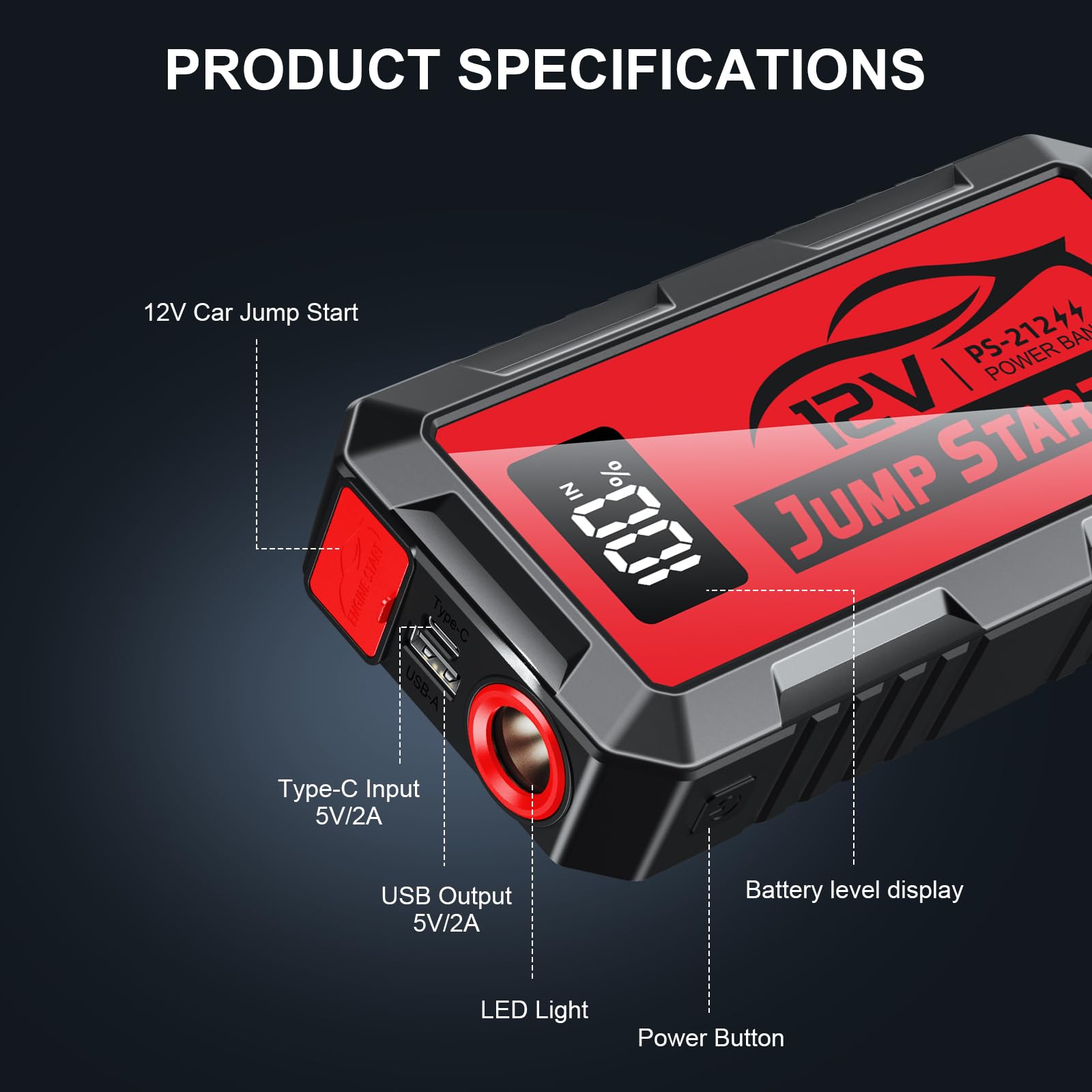 PSOOO Starthilfe Powerbank für pkw, 8000A Auto Starthilfe Powerbank (für Benzinmotoren bis 10L oder Dieselmotoren bis 8L), 12V Jump Starter Powerbank mit USB Schnellladung und LED Taschenlampe