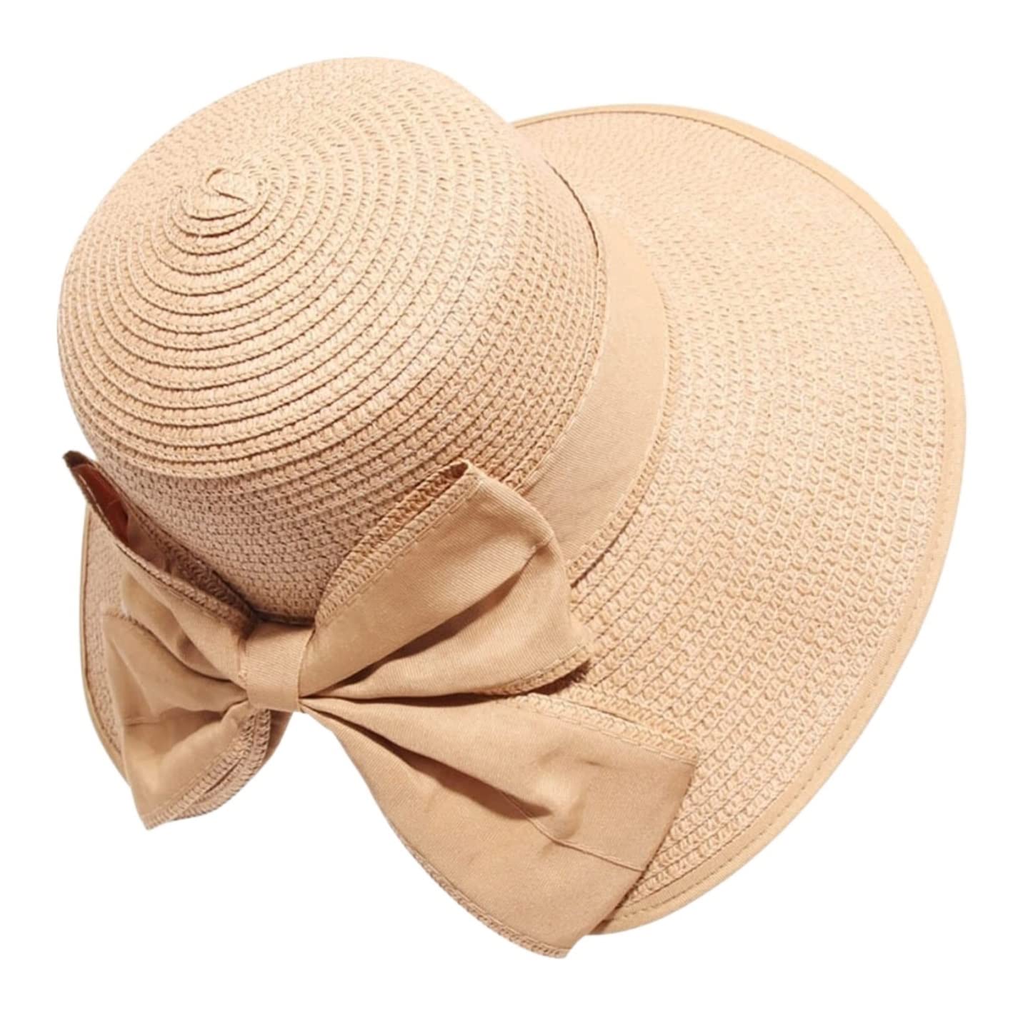 TOTIKI Straw Hat Foldable Brim Straw Hat Sun Hat with Bow Elegant Sunshade Beach Hat Women Summer Beach Hat (Color : Beige, Size : 54-58cm)