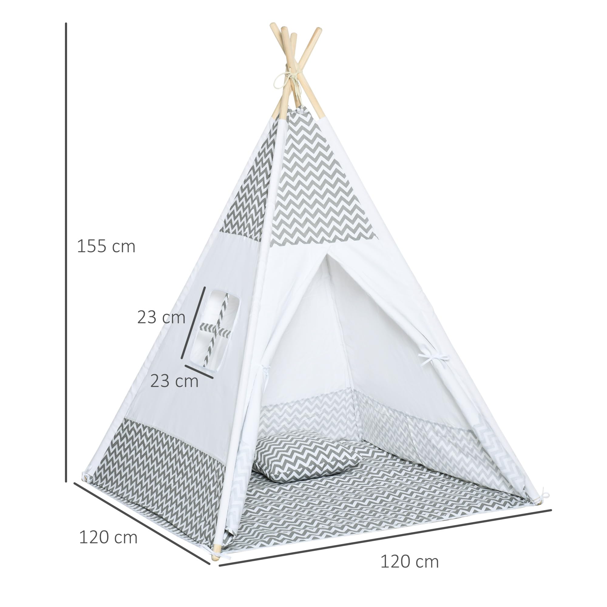 HOMCOM Tipi Indio Tienda de Juego 1.2L x 1.2W x 1.55H m Gris Blanco
