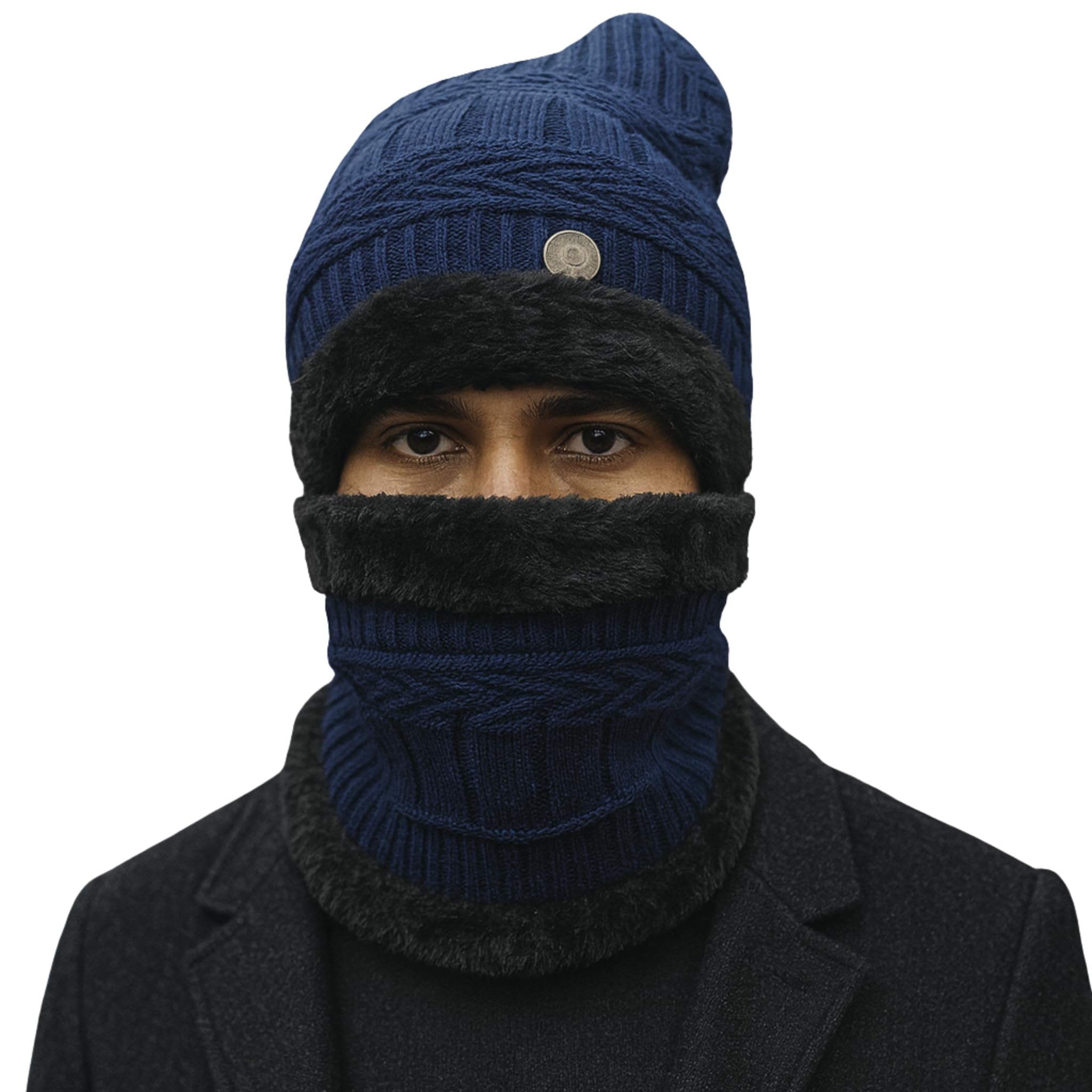 Navy Blue Big Size Winter Woolen Cap & Neck Warmer Set | Knit Beanie Cap with Thermal Neck Muffler for Men Women | Unisex Winter Accessories for Bike Riding, Travel & Daily Use