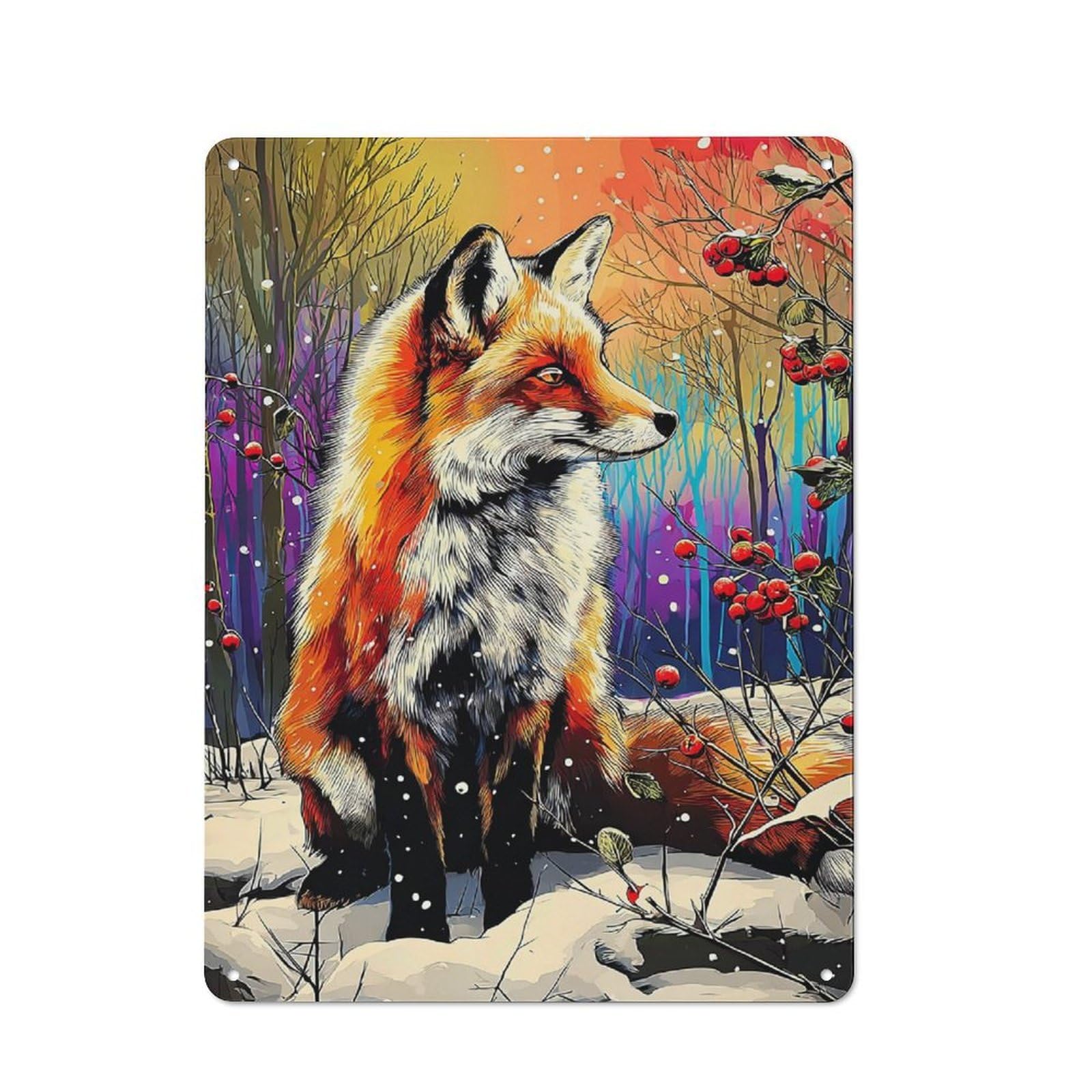 Junmoney Winter Fox In Snowy Forest-1 Retro Tin Sign 40X30cm For Lounge Or Reading Corner, Gift For Lounge Decor Fans During The Christmas Season