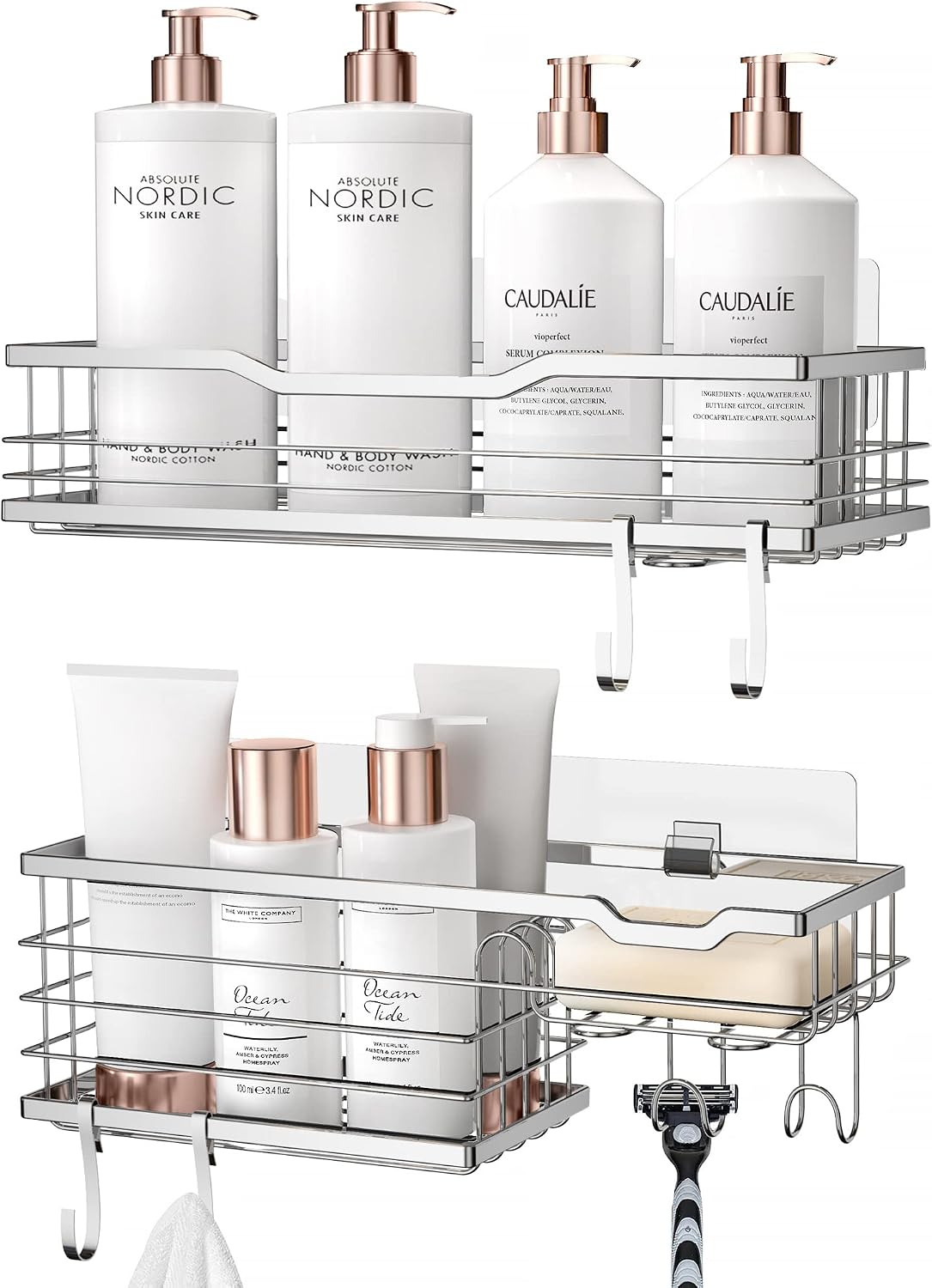 HBlife Self Adhesive Shower Shelves, 2 Pack Shower Caddy with 4 Hooks and Soap Holder, Rustproof Stainless Steel Shower Organizer