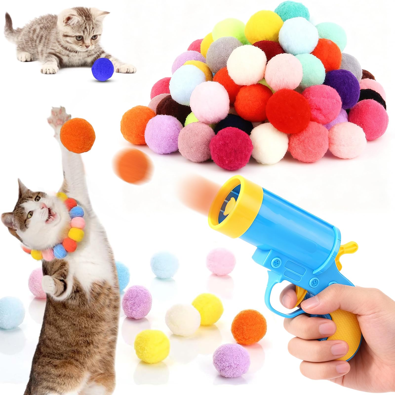 Qixuer Cat Balls, Pack of 100 Cat Pom Pom Balls with Launcher, 3cm Cat Balls, Interactive Cat Toys for Indoor Cats, Soft Felt Balls for Kittens, Pet Chase Play Toys