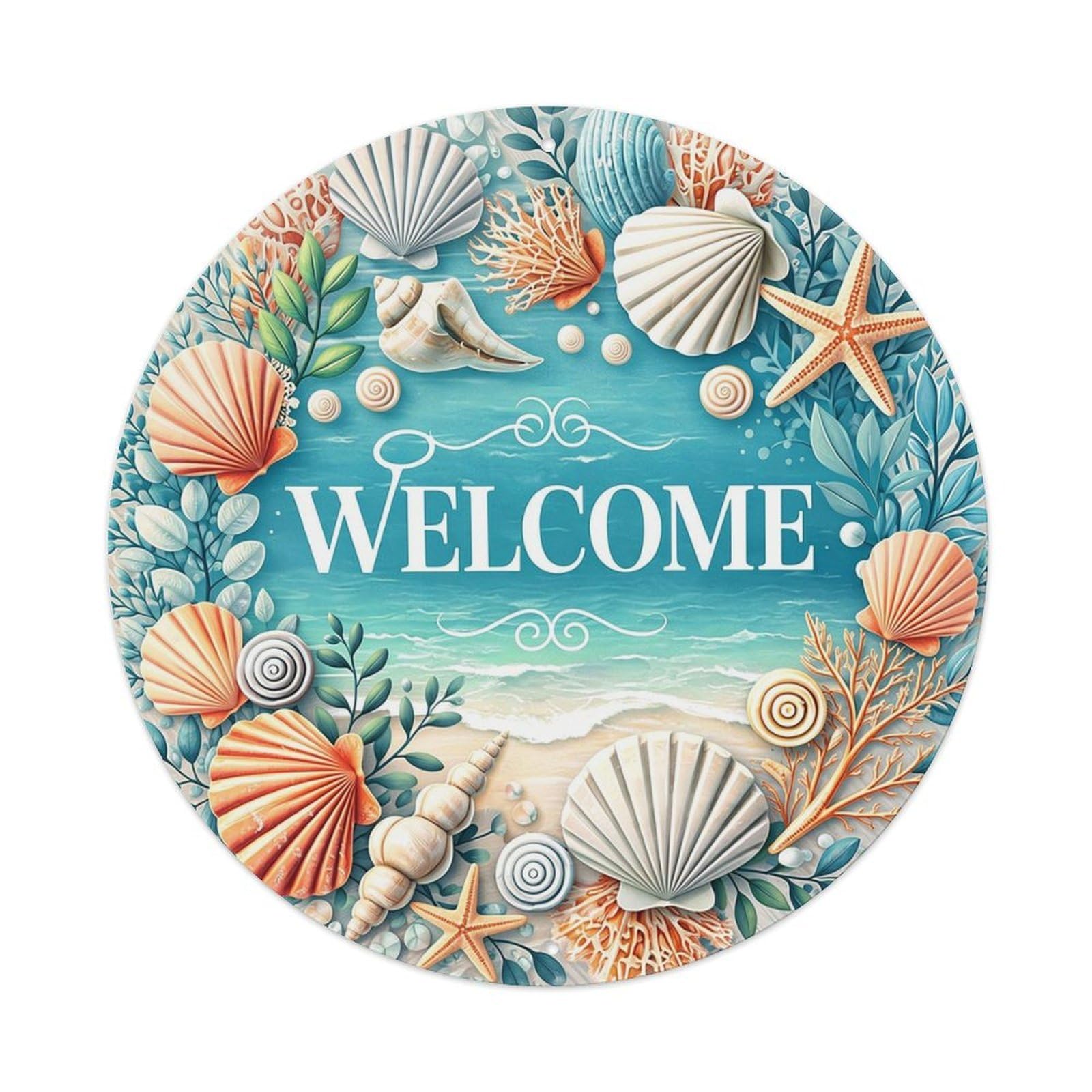 Seashell Starfish Coral Leaves Waves Tin Sign Metal Poster Vintage Metal Signs for Home Man Cave Bar Cafe Kitchen laundry room Wall Decorations Gift 8x8Inch