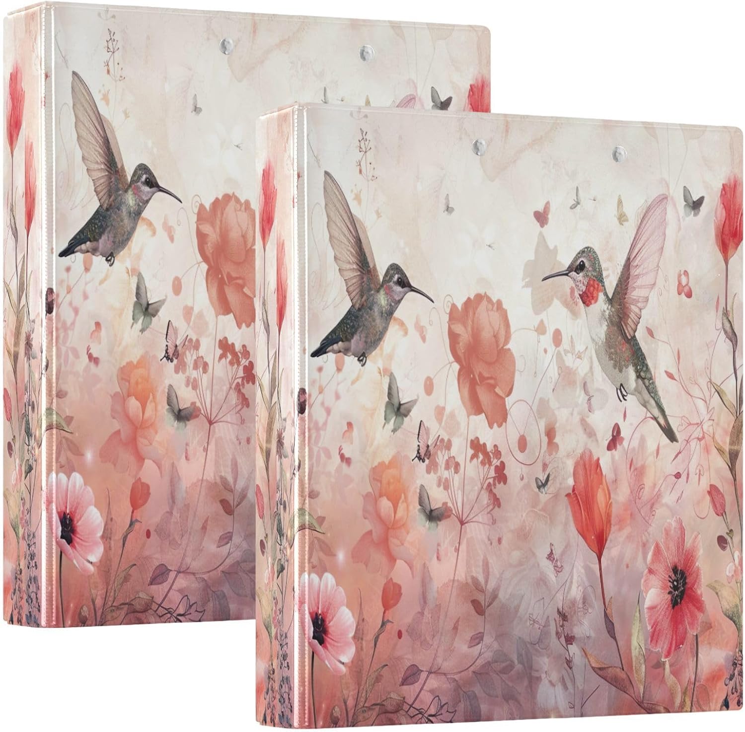 3 Ring Binders, Hummingbirds 1.5 Inch Round Rings to Hold 200 Sheets, Clipboard Binder Organizer with 3 Interior PVC Clear Pockets and Anti-Slip Metal Clip for Office Supplies, 2 Pack