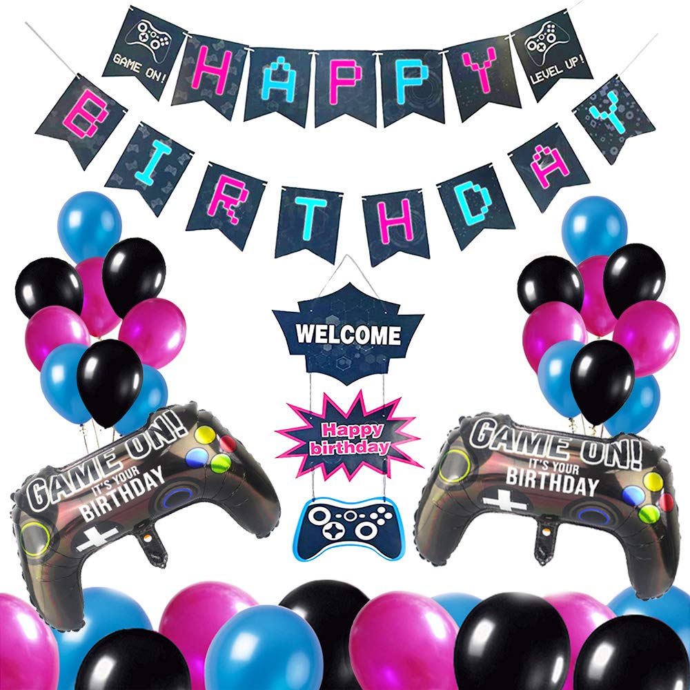 Dark Theme Video Game Party Supplies Set, Including HAPPY BIRTHDAY