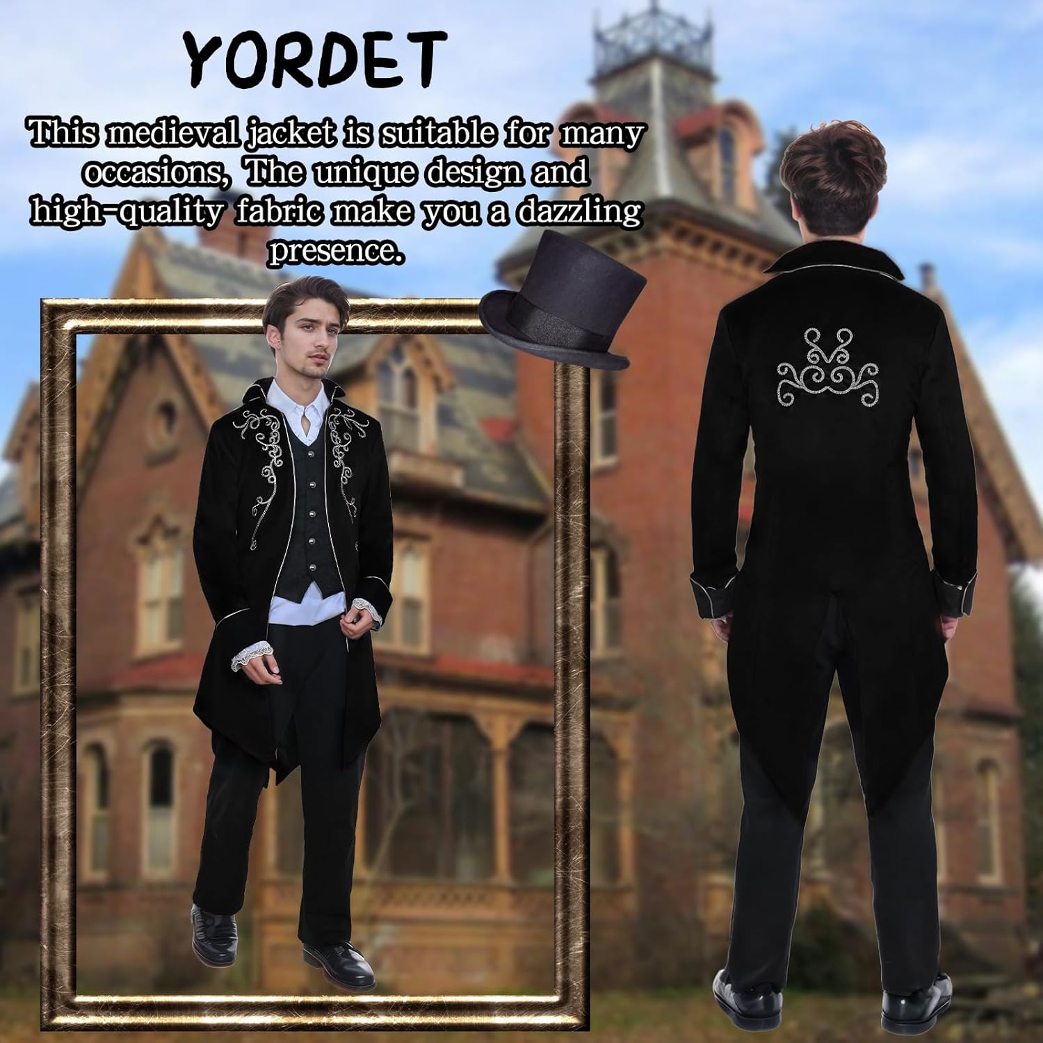 Heren Middeleeuwse Steampunk Tailcoat Jas Renaissance Gothic Retro Borduurwerk Jas Halloween Cosplay Feest Vampier Gentleman Kostuums voor Volwassenen, Zwart, XXL