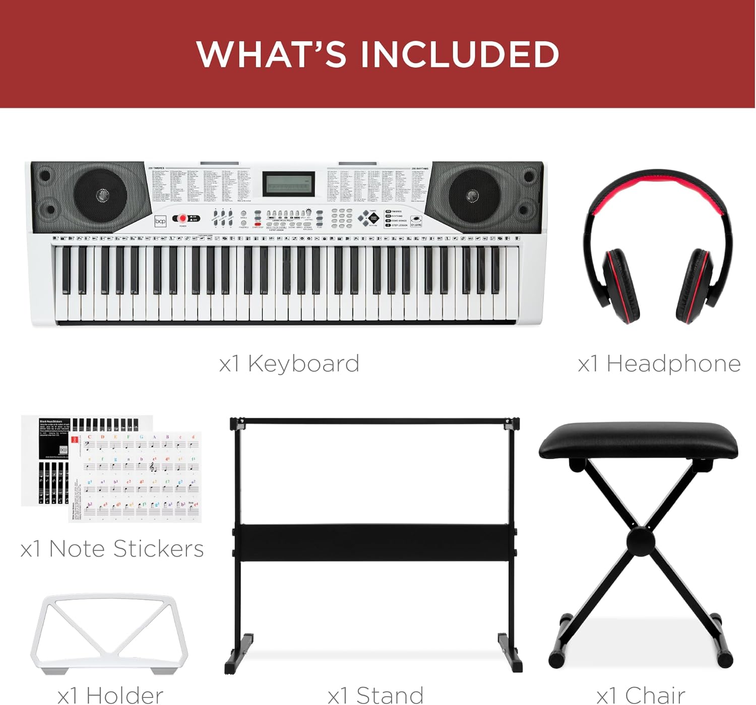 Best Choice Products 61-Key Beginners Complete Electronic Keyboard Piano Set w/Lighted Keys, LCD Screen, Headphones, Stand, Bench, Teaching Modes, Note Stickers, Built-In Speakers - White - Image 4