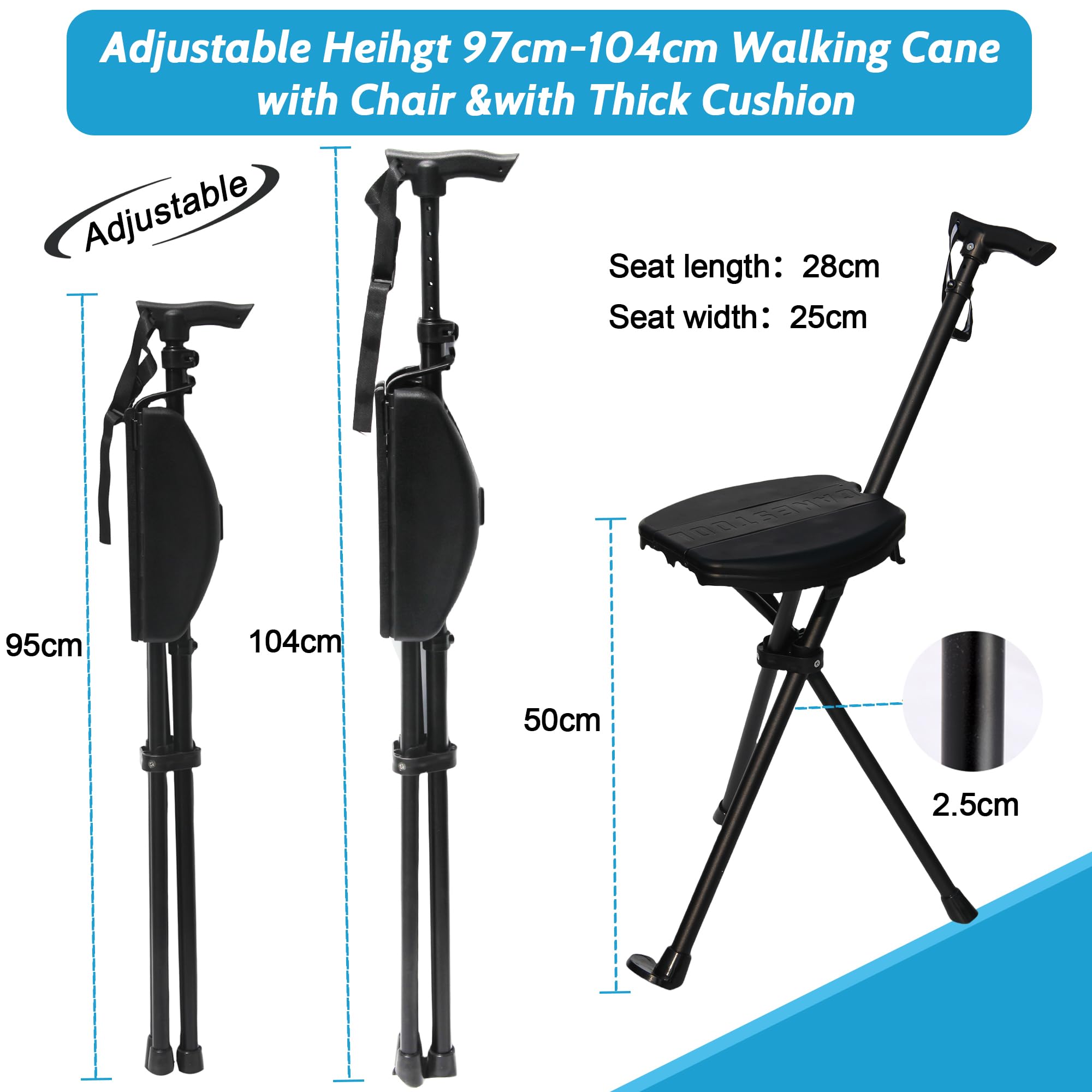Bastone da passeggio pieghevole portatile 2 in 1 – Bastone da passeggio regolabile e sedile con cuscino non rimovibile, fino a 250 kg, leggero aiuto per la mobilità con base antiscivolo e