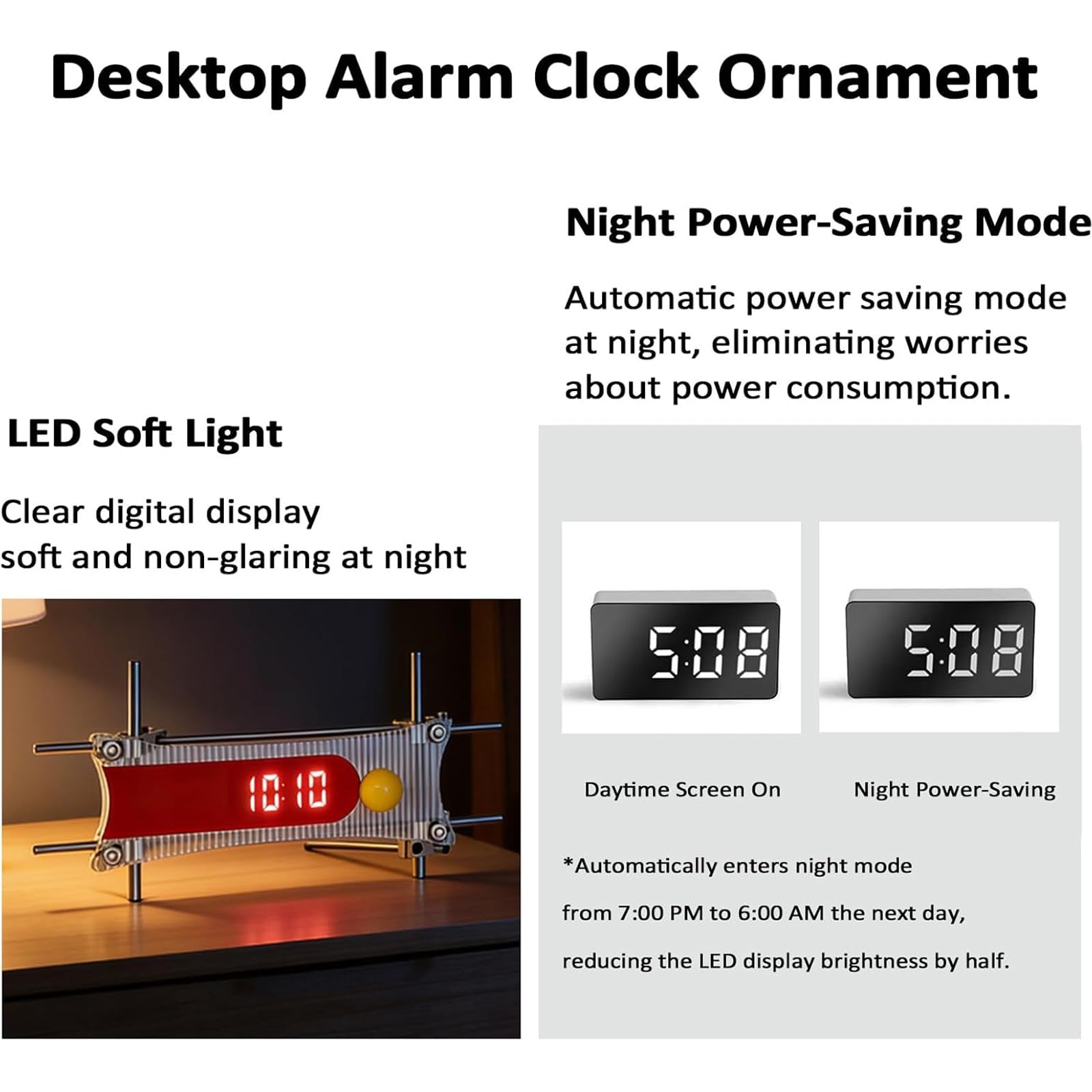 Mechaniczny zegar biurkowy LED, budzik na biurko z miękkim światłem, ekran HD, wbudowana pamięć wyłączania, tryb nocnego oszczędzania energii do domu, biura, sypialni