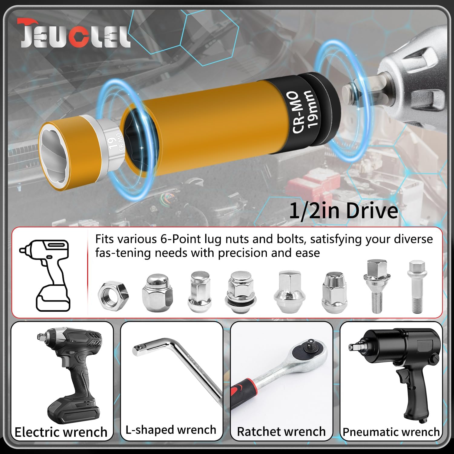 7PCS 1/2" Dr Wheel Protector Impact Socket & Lug Nut Socket Set, 17, 19, 21mm Lug Nut Remover Extractor Tools, 6 Point Non-Marring Lug Nut Thin Wall Deep Socket Wrench, Twist Socket CR-MO