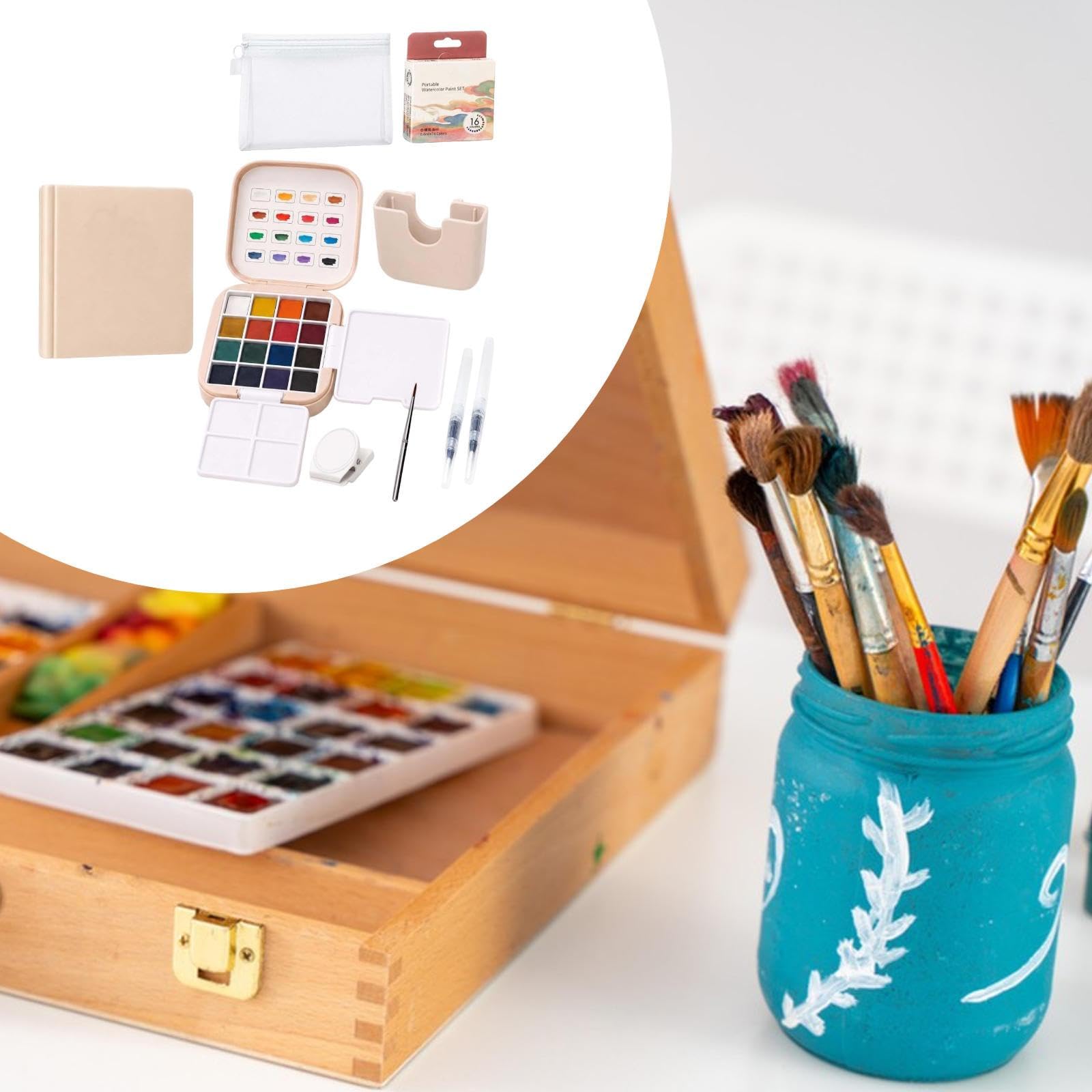 Aquarellfarben-Set, Detailpinsel, Palette, Künstlerbedarf mit Pinsel, Aquarell-Skizzenbuch für Künstler, und Malbegeisterte, Rosa