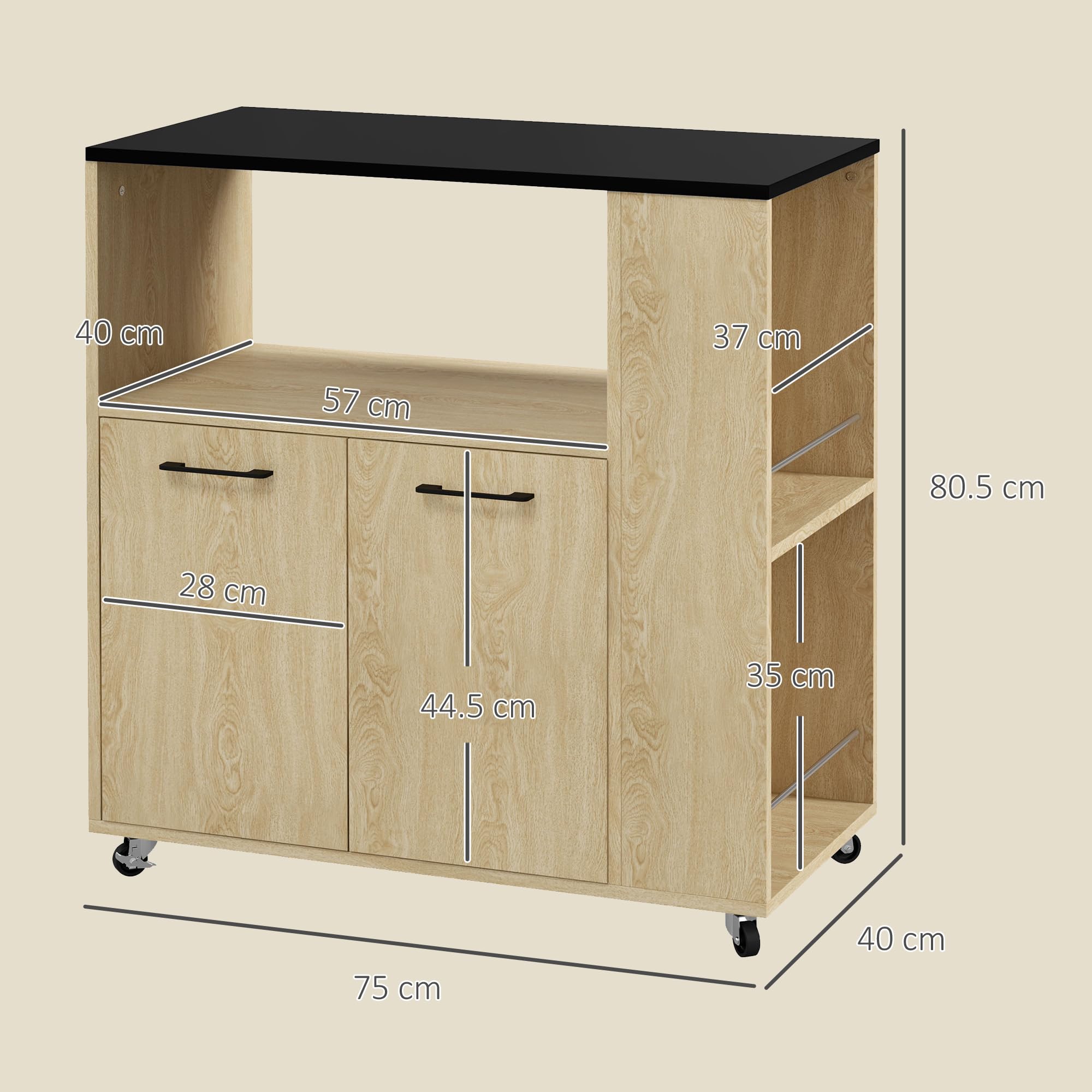HOMCOM Carrello Cucina con Ripiano Aperto, Armadietto a 2 Ante e Scaffale Laterale a 2 Livelli, Carrello Multiuso con Ripiano Regolabile in Legno, 75x40x80.5 cm, Color Rovere e Nero