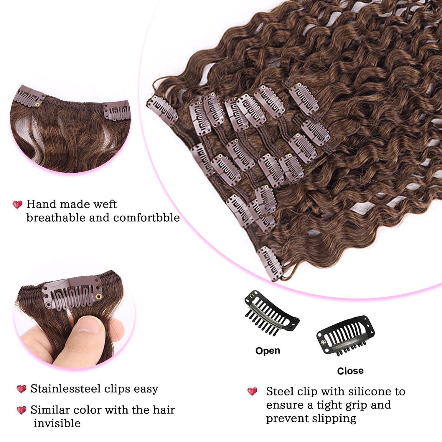 Wepwcod Curly Clip in Hair Extensions Real Human Hair 8Pcs With 18 Clips Clip in Hair Extensions for Women Curly Clip ins Soft & Natural 120g (Brown-JC - Image 4