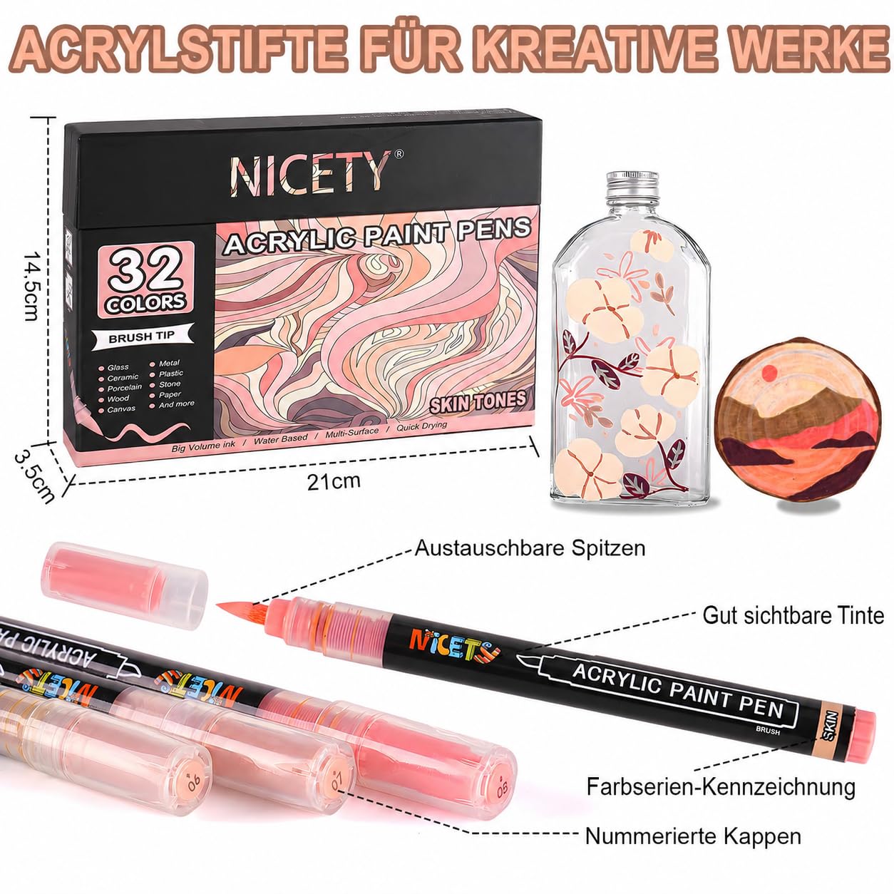 NICETY 32 Acrylstifte für Steine Wasserfest - Pinselspitze Acrylmarker für Holz, Stoff, Leinwand, Glas, 1-6mm Multimarker acrylic Marker pens Set (Haut)