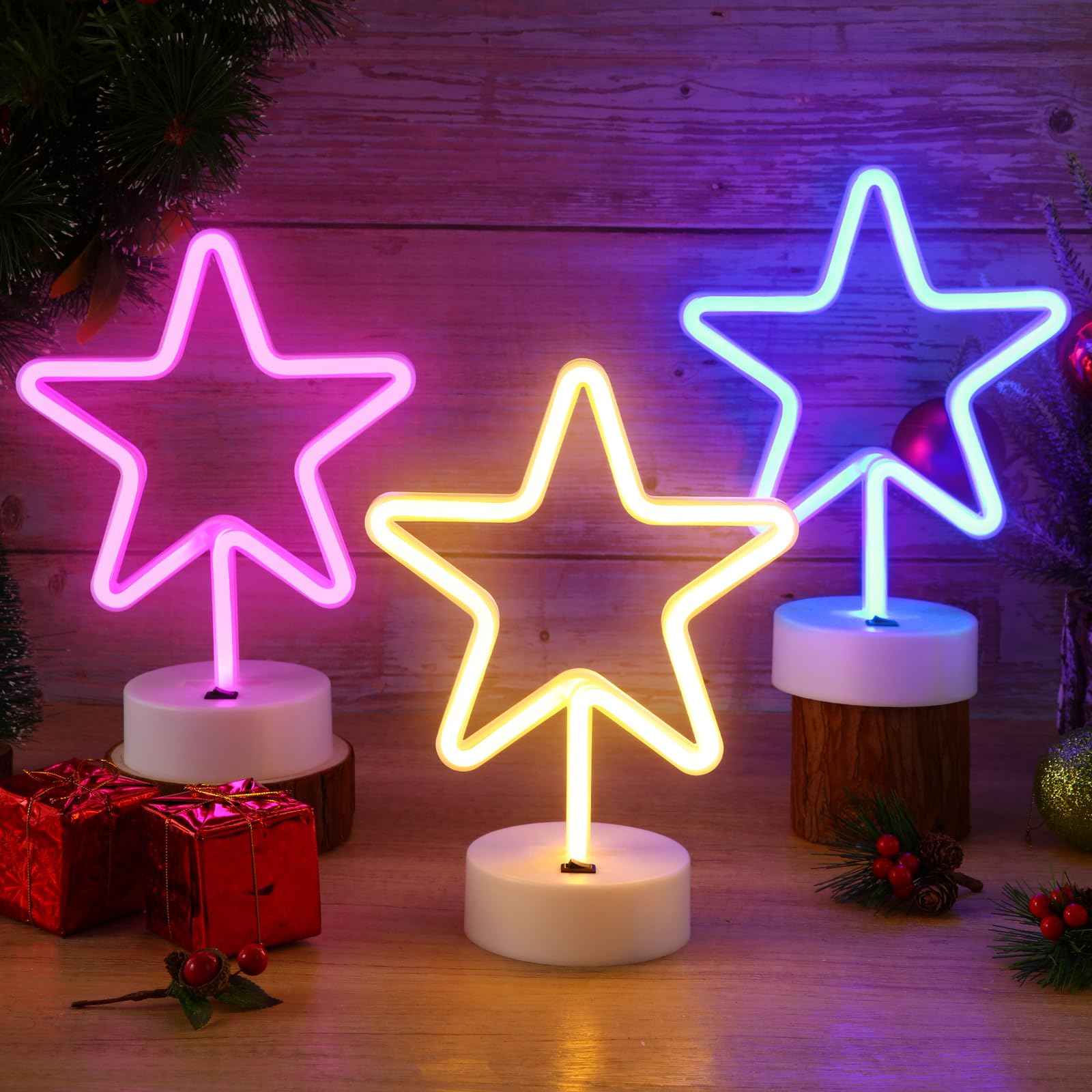 3 szt. neonowy znak w kształcie gwiazdy z podstawą, Boże Narodzenie, lampki LED, prezent, bateria i zasilacz USB, na biurko, dekoracja urodzinowa, dekoracja imprezowa, dom, sypialnia, hotel