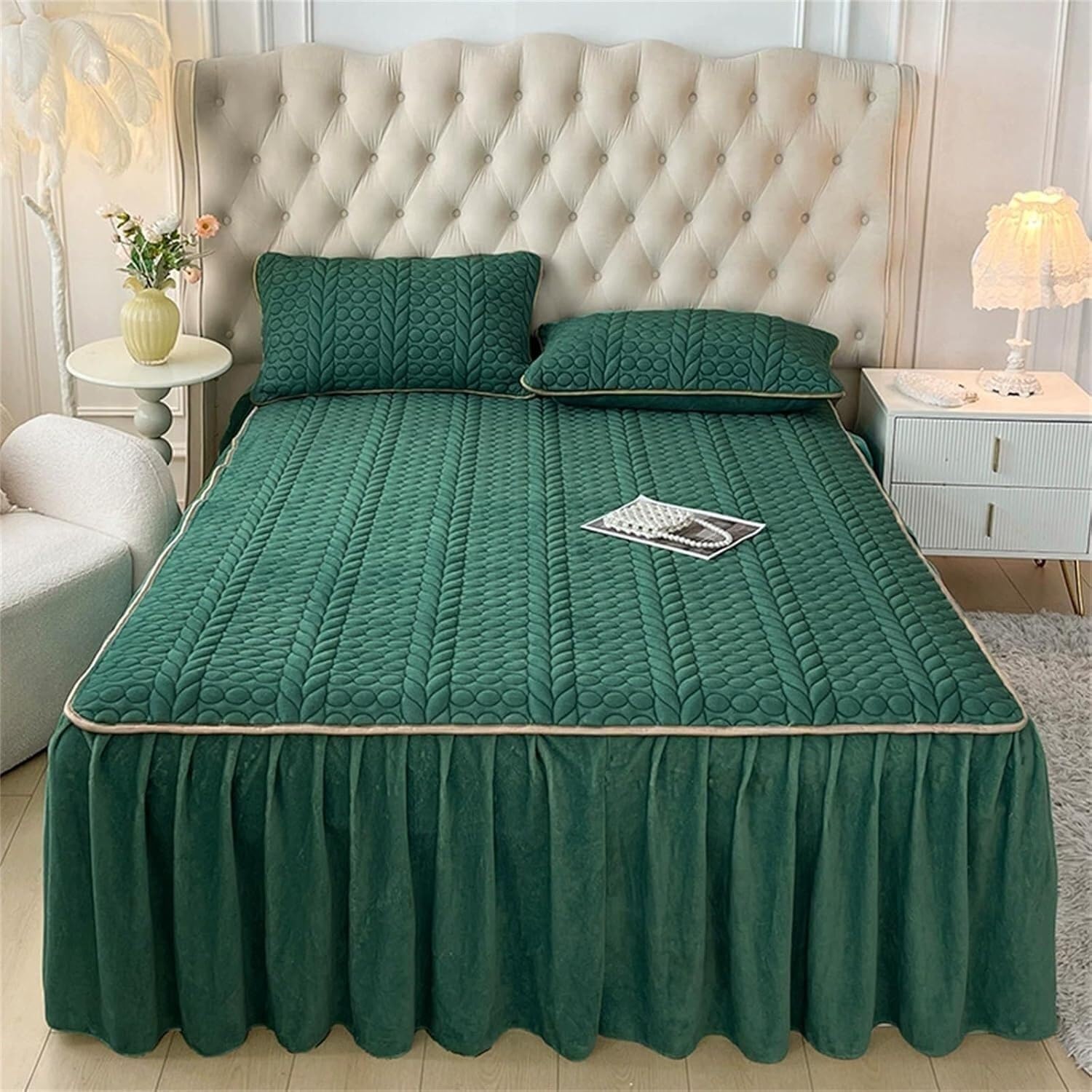 Jupe de lit couverture complète satin vert foncé 200x220 cm pour lit King Size