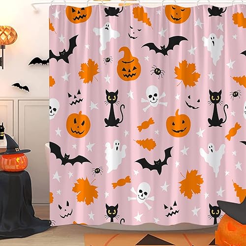 DtrMelsr Cortina de ducha de Halloween, espeluznante gato negro, divertida calabaza naranja, fantasmas de terror, calavera aterradora, murciélago,