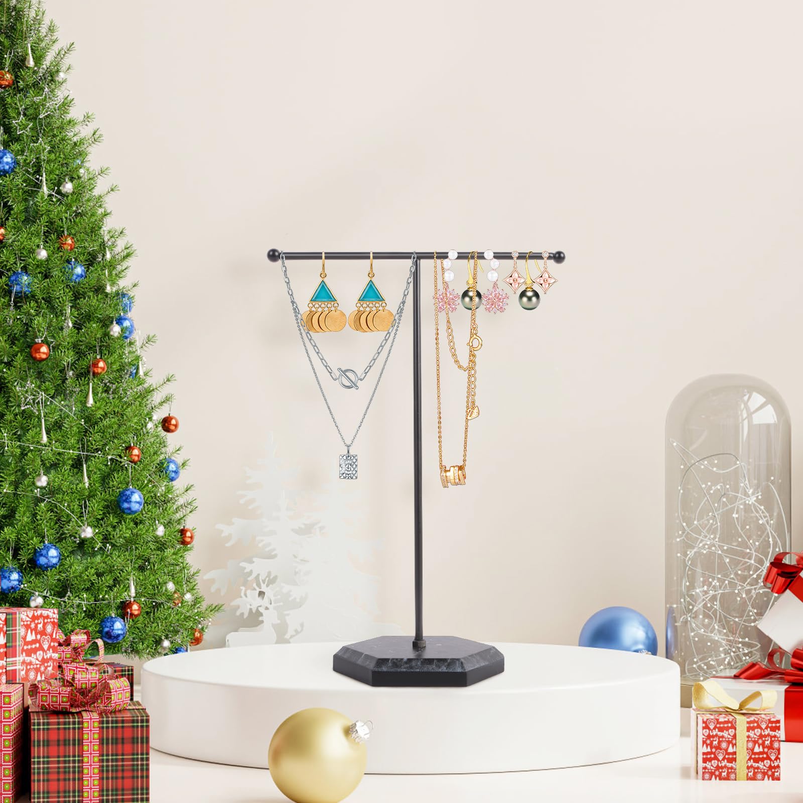 Jewellery Organiser Stand Metal T-Bar Jewelry Stand Necklace Display Stand Earrings Display Holder Hanging Pendant Rack with Marble Pattern Round Tray for Bracelets Rings Keys (Black)