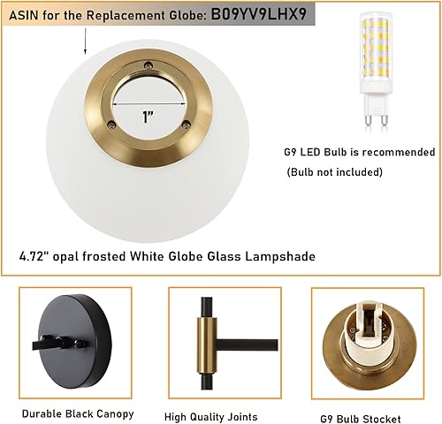 Miniatura 5 de BYOLIIMA Juego de 2 apliques de pared industriales de mediados de siglo con pantallas de cristal de globo blanco, lámpara de pared moderna de
