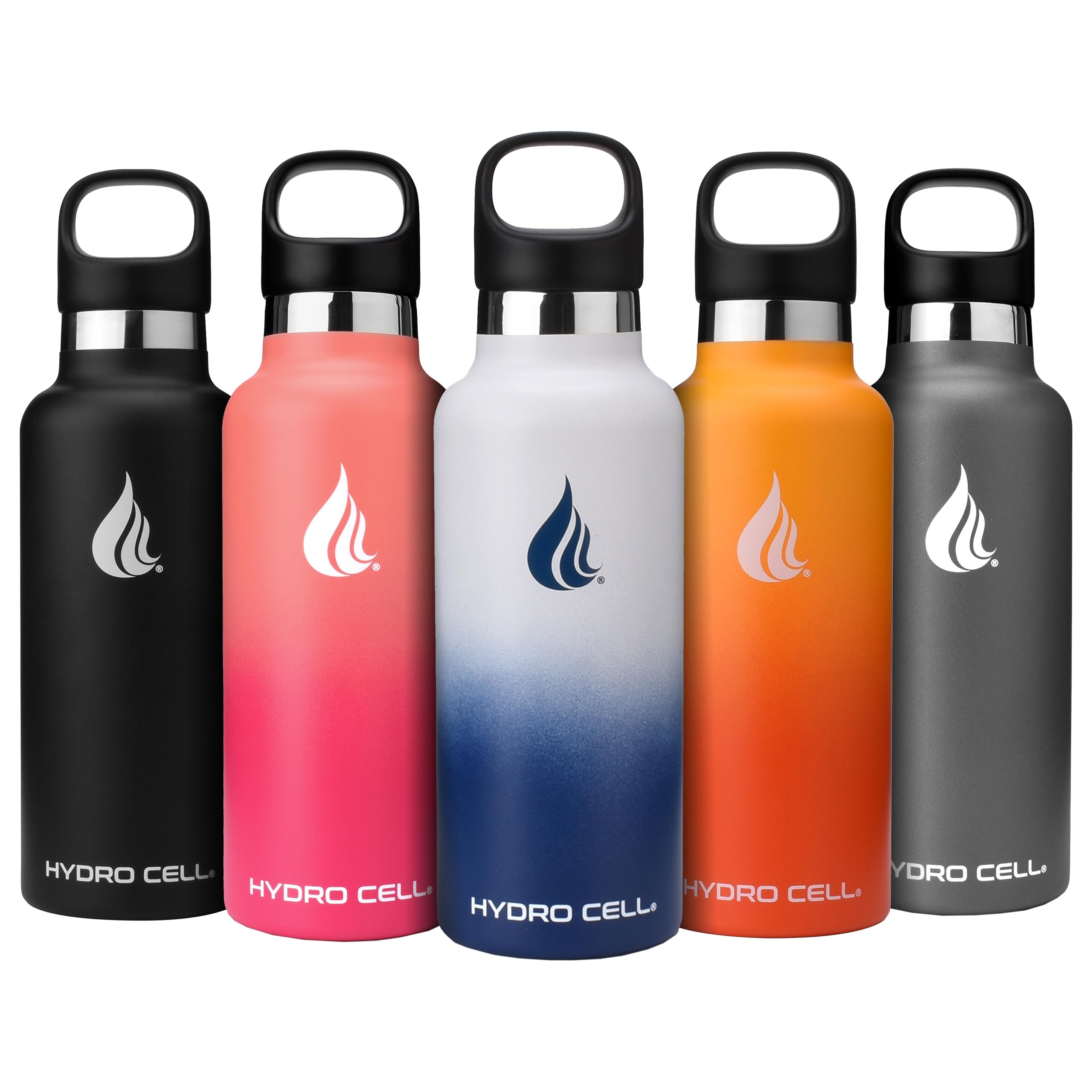 HYDRO CELL Stainless Steel Water Bottle with Straw & 2 Standard Mouth Lids (32oz 24oz 20oz 16oz) Keeps Liquids Hot or Cold w/Double Wall Vacuum