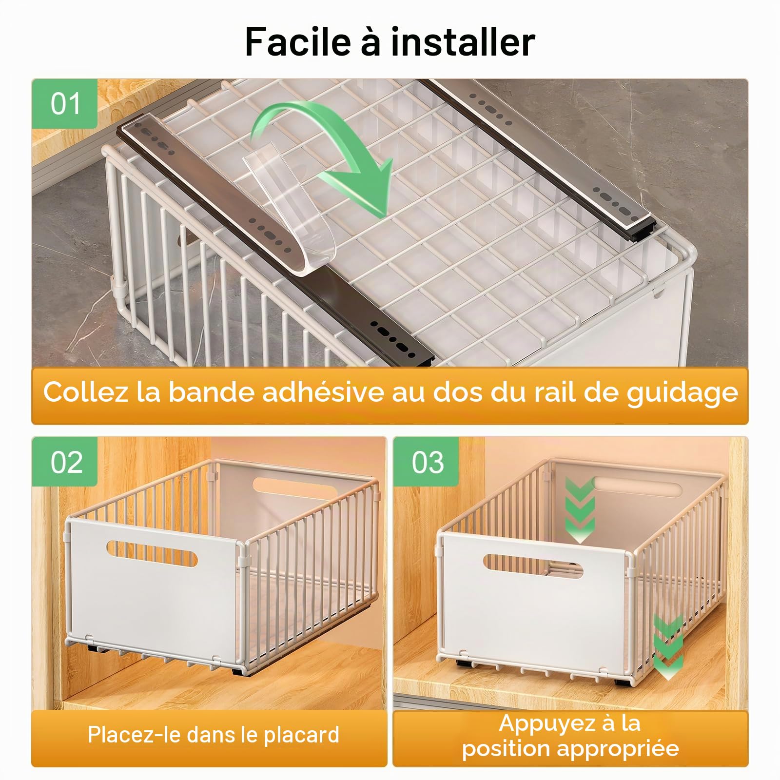 Paquet de 2 Tiroir Coulissant Cuisine Adhesif, Bac Coulissant Placard Cuisine, Organisateur D'Armoires De cuisines Pour Armoires, Organisateur de Tiroirs, Aucun PerçAge ni Clouage Requis