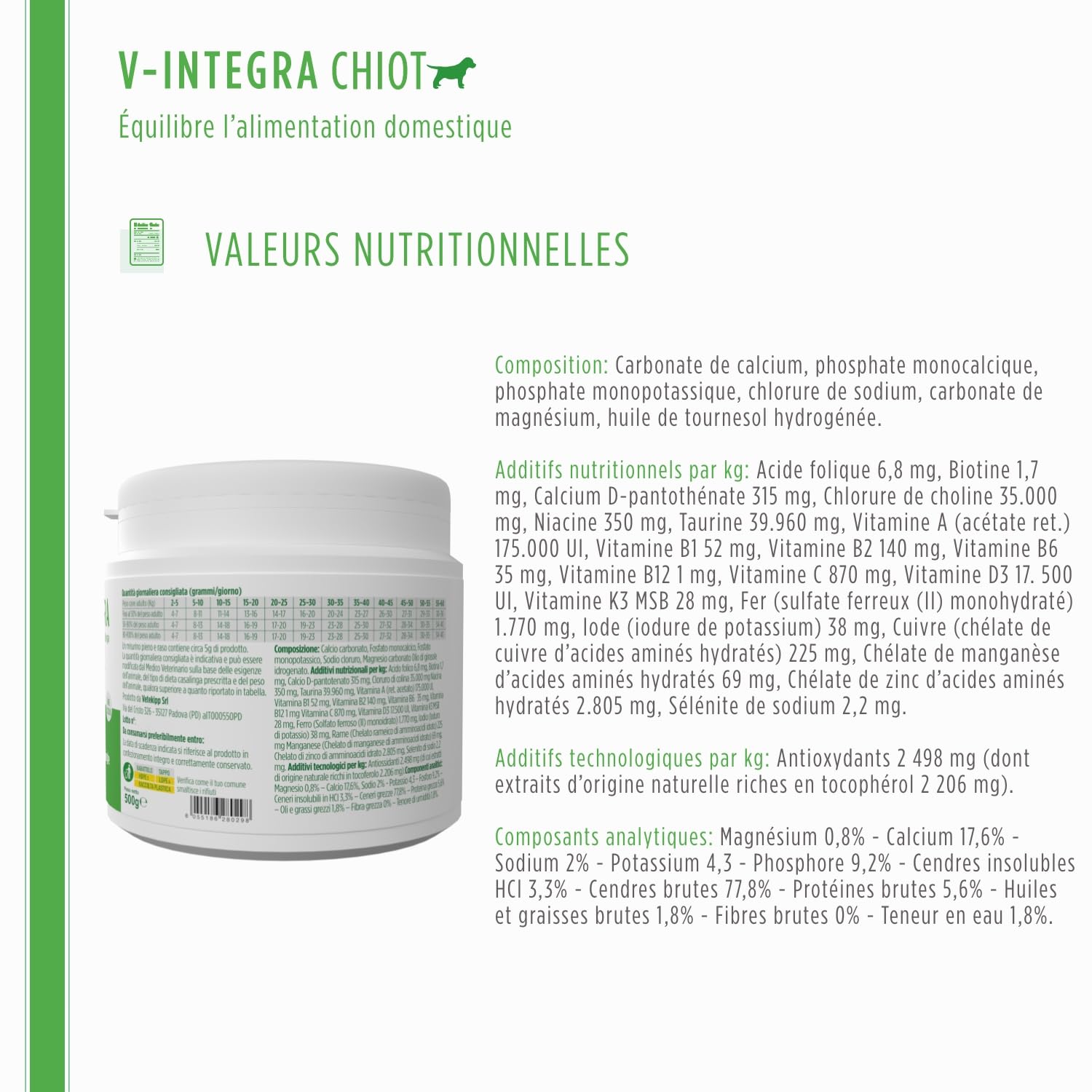 V-INTEGRA Chiot - Supplément Complet Riche en vitamines et minéraux pour la Ration ménagère et Barf des Chiots - 500 g - Produit en Italie