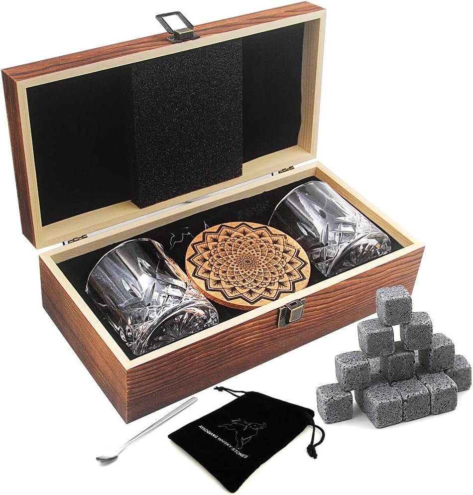 Whiskey Stones Gift Set - Whiskey Glass Set - 16 Granite Whiskey Rocks, 2 Crystal Whiskey Glasses, Drinking Gifts for Men Dad Husband Birthday Party Holiday Present -Scotch Glasses in Wooden Box