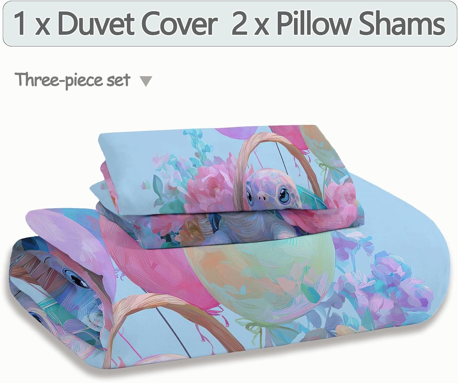 Duvet Cover Sets Watercolor Turtle Flower Basket Balloon Reversible Bedding Printed Sets, King Size 104"x90" Bedding for Kids Boys Girls Adult, Quilt Cover with Zipper Closure 4 Ties, Colorful