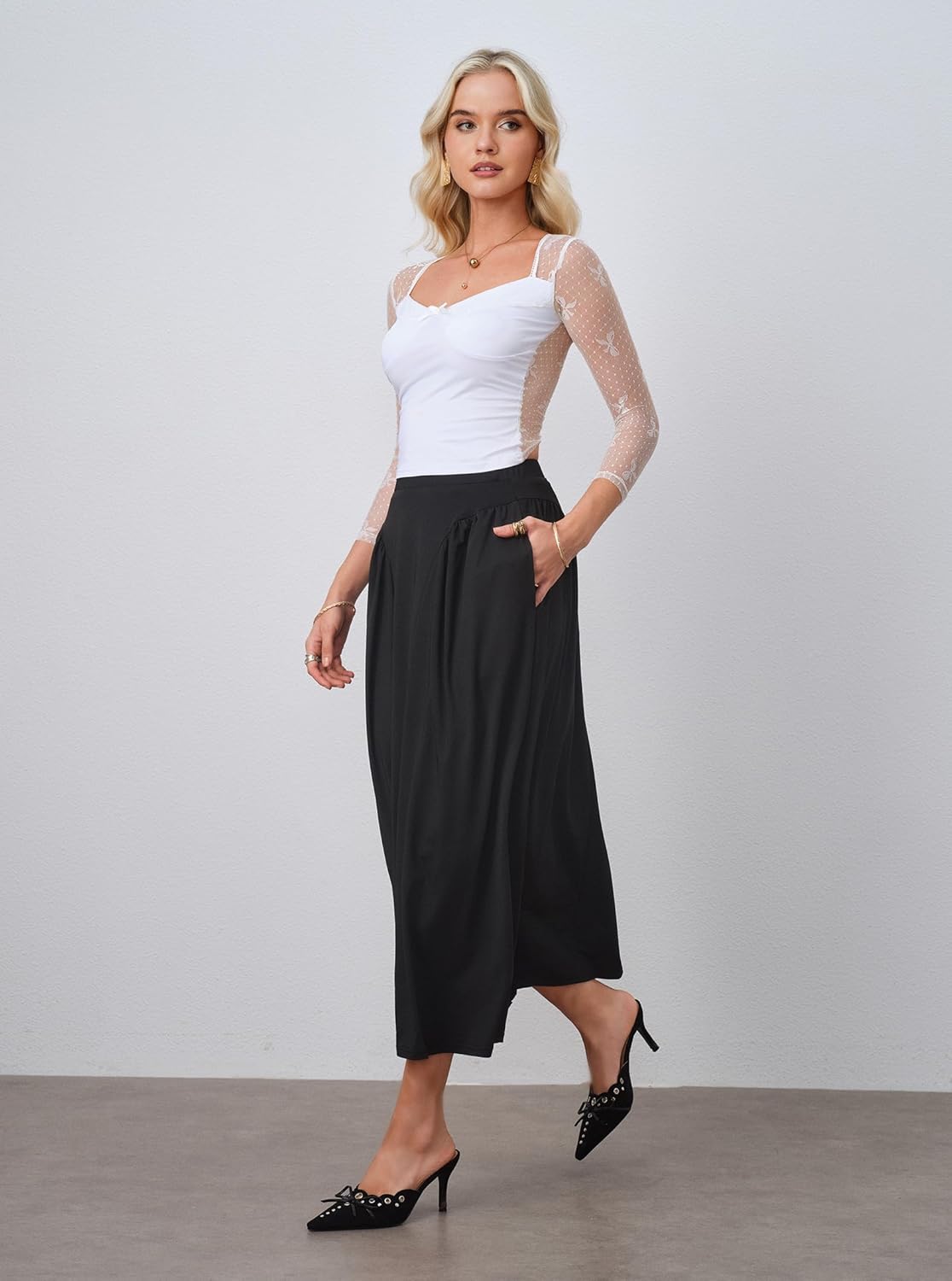 Women's Casual A Line Midi Skirt High Waisted Curved Gathering Flowy Long Skirts with Pockets - Image 5