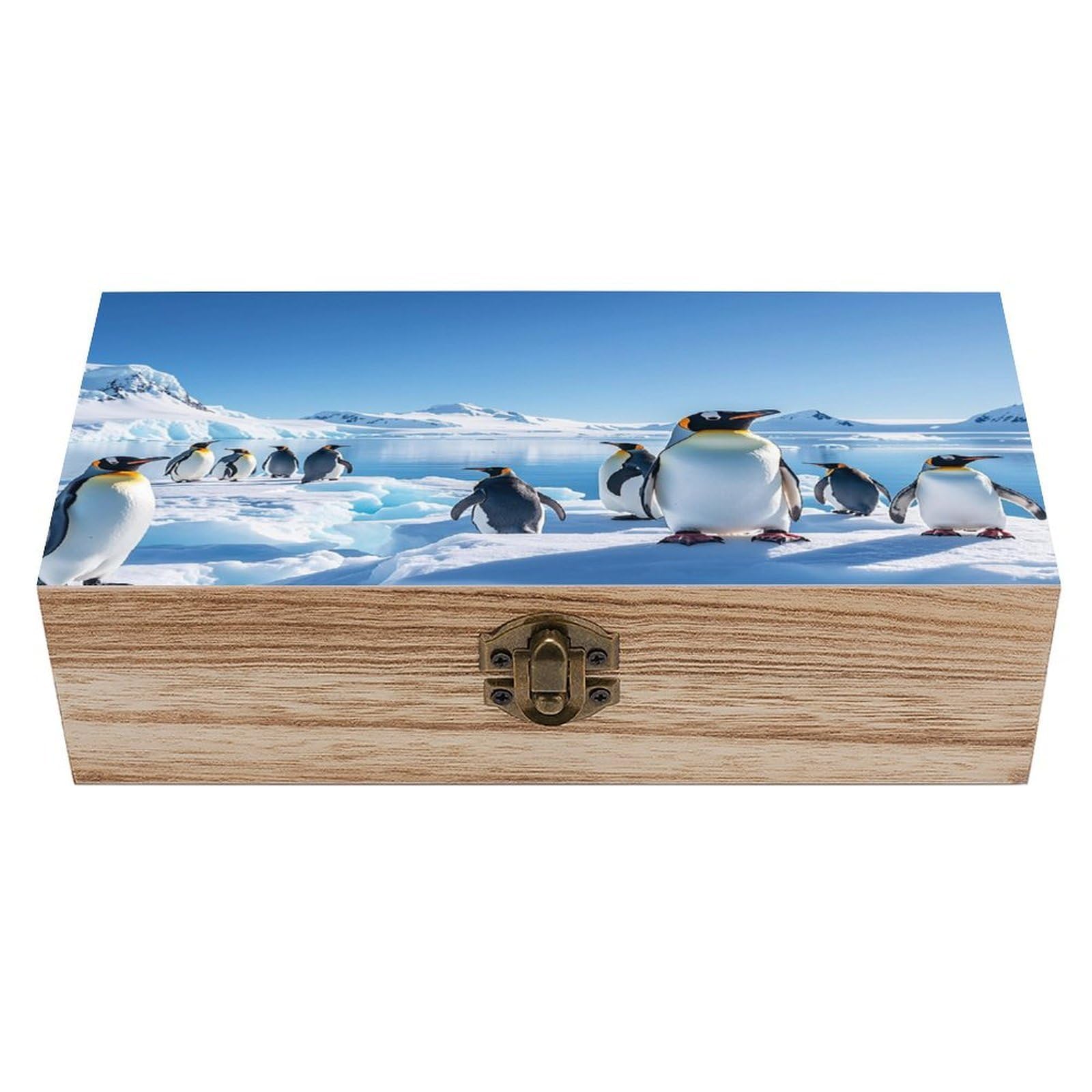 FekiLoot Penguin Antarctica Ice Wooden Jewelry Box Personalized Wood Keepsake Box Large Decorative Wooden Storage Boxes with Hinged Lid Rustic Style Wood Jewelry Organizer for Desk Home Office