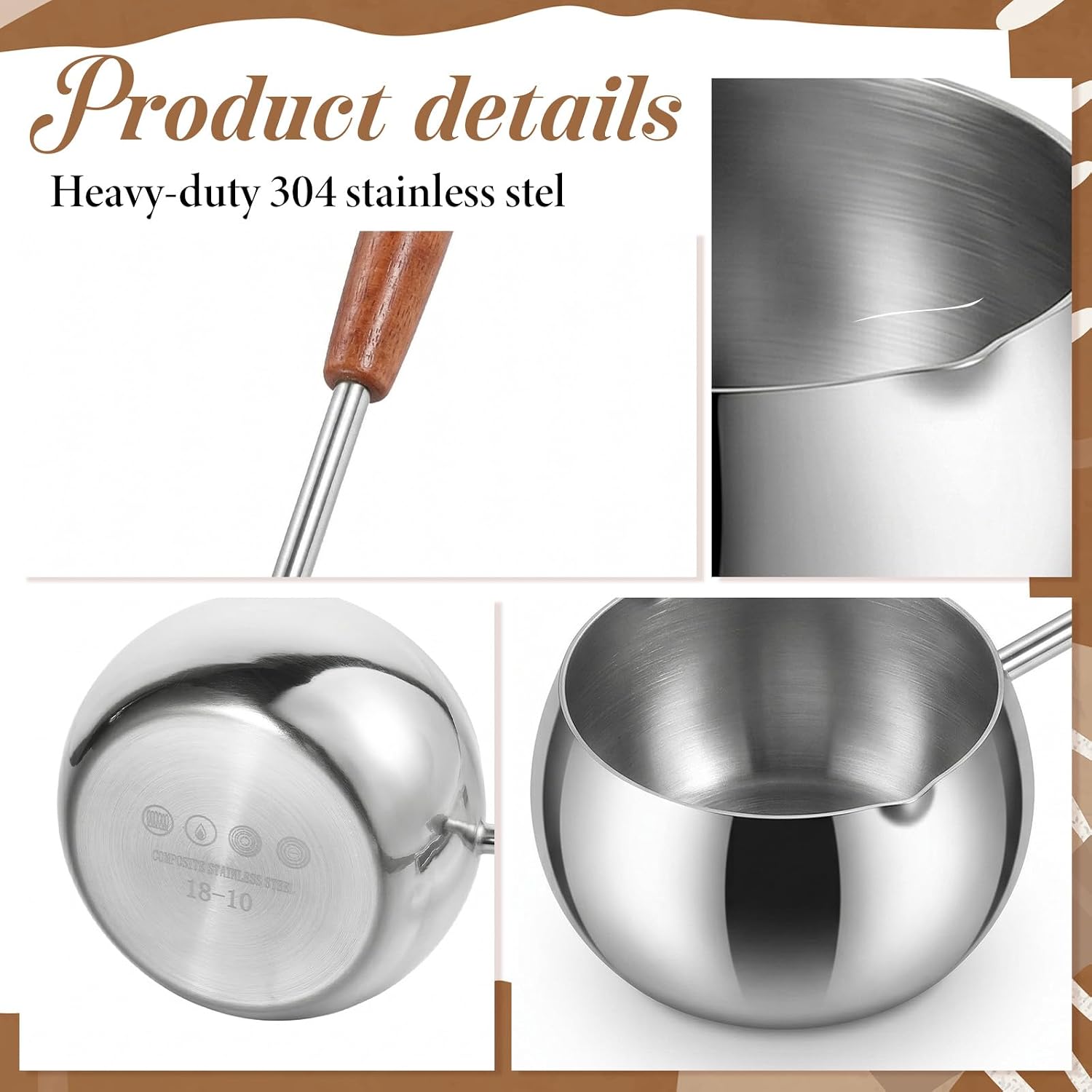 2 Pcs 18/10 Stainless Steel Butter Warmer Measuring Pan 17 Oz/0.5 Qt Milk Coffee Chocolate Butter Melting Pot with Dual Pour Spout and Wooden Handle for Induction Cookers and Gas Stoves