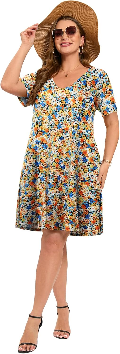 ZENNILO Women's Plus Size Swing Dress with Pockets Casual Summer Dresses V Neck Short Sleeve T Shirt Dress for Women - Image 6