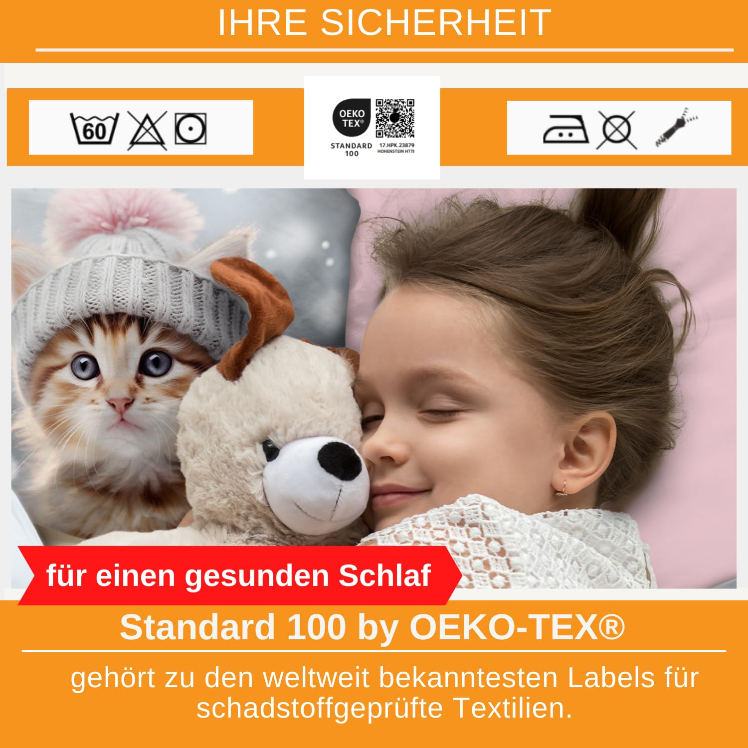 Aminata kids - Biberbettwäsche 135x200 Katzen-Motiv für Mädchen, Rosa grau, 100% Baumwolle, Reißverschluss - Warm, Weich & Kuschelig - Flanellbettwäsche