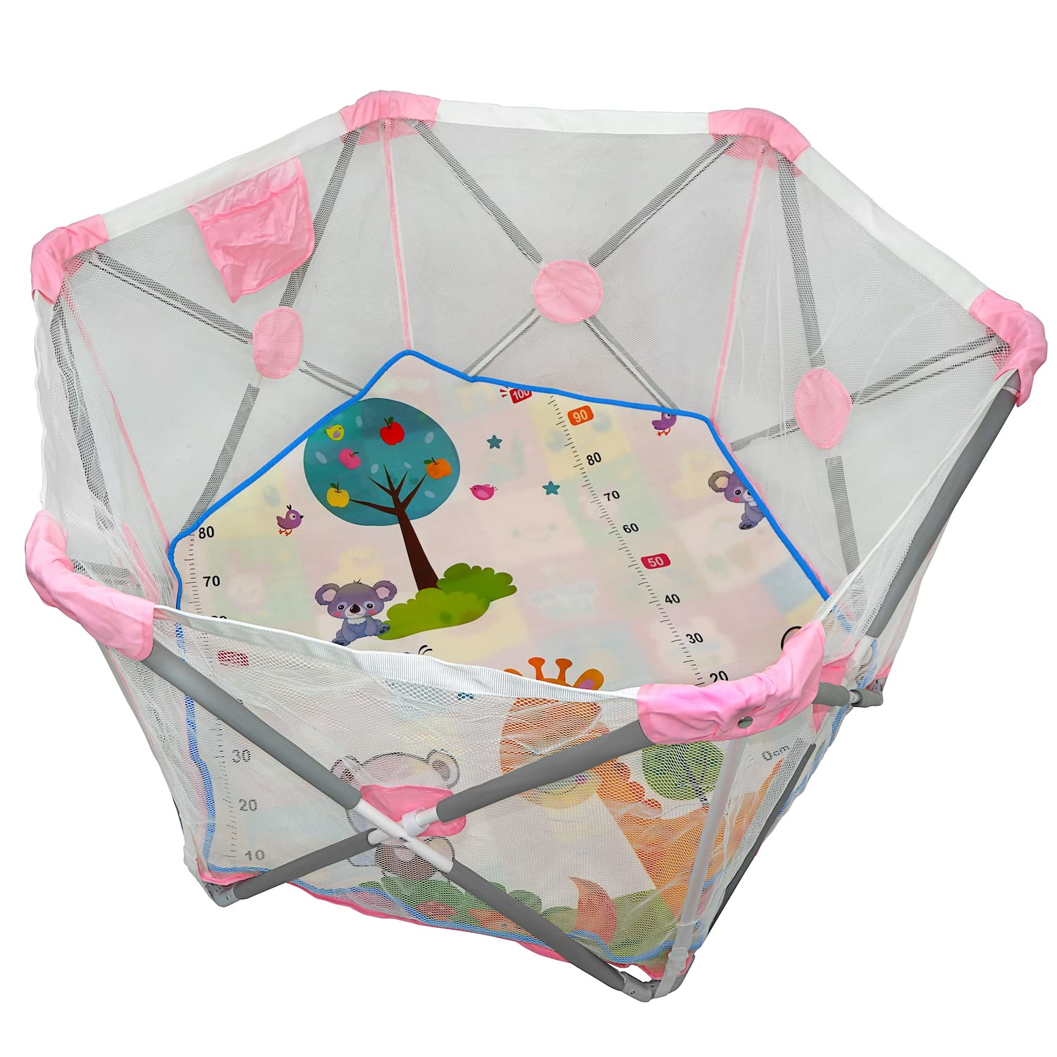 HTTMT- Hexagon Safety Playpen Portable Foldable Mesh Playard Infants Baby Toodler Animals Fence w/Travel Bag Nursery Furniture For Indoor Outdoor - Dark Pink