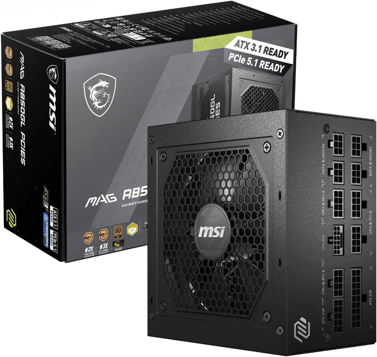 MSI MAG A850GL PCIE5 Power Supply Unit, 850W, 80 Plus Gold, Fully Modular, ATX 3.0, PCIe 5.0 GPU Support, Black Flat Cables, 7 Year Warranty