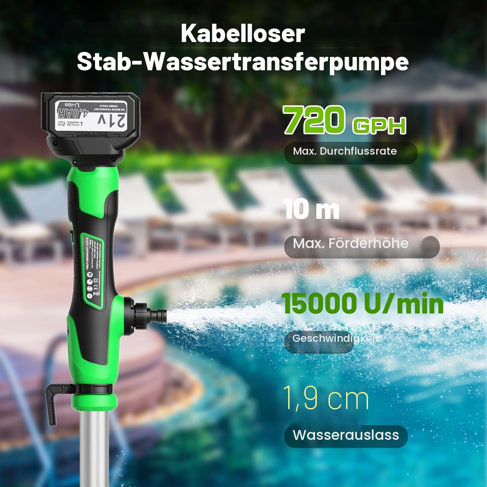 Akku Wasserpumpe, 18V Kabellose Stab-Transferpumpe für Wasser/Diesel, 2725 L/h Transferpumpe mit 4,0 Ah Akku, Stab-Wasserpumpe für Garten, Pool, Keller & Wohnmobil, Einfache Ein-Knopf-Bedienung