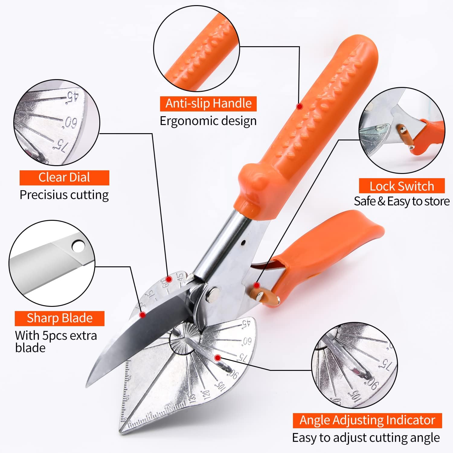 Miter Shear, Multi Angle Miter Shear Cutter Cuts 45 to 135 Degree with 5 Replacement Blades, Miter Shear Cutter for Angular Cutting and Trimming of Trunking and PVC Strips - 