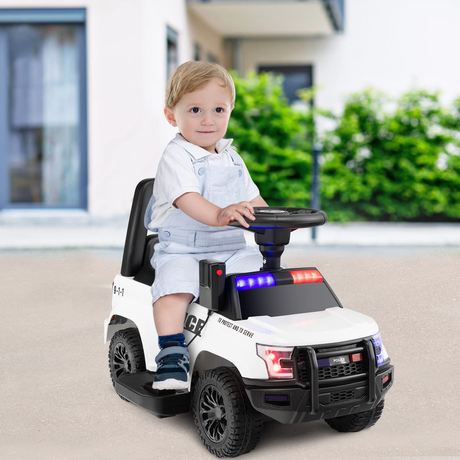 COSTWAY Polizei Elektroauto für Kinder, 6V Elektrisches Kinderauto mit Stauraum & Megafon & Warnlicht & Hupe & Fußpedalen, Elektro Auto für Kinder ab 18 Monaten (Weiß)
