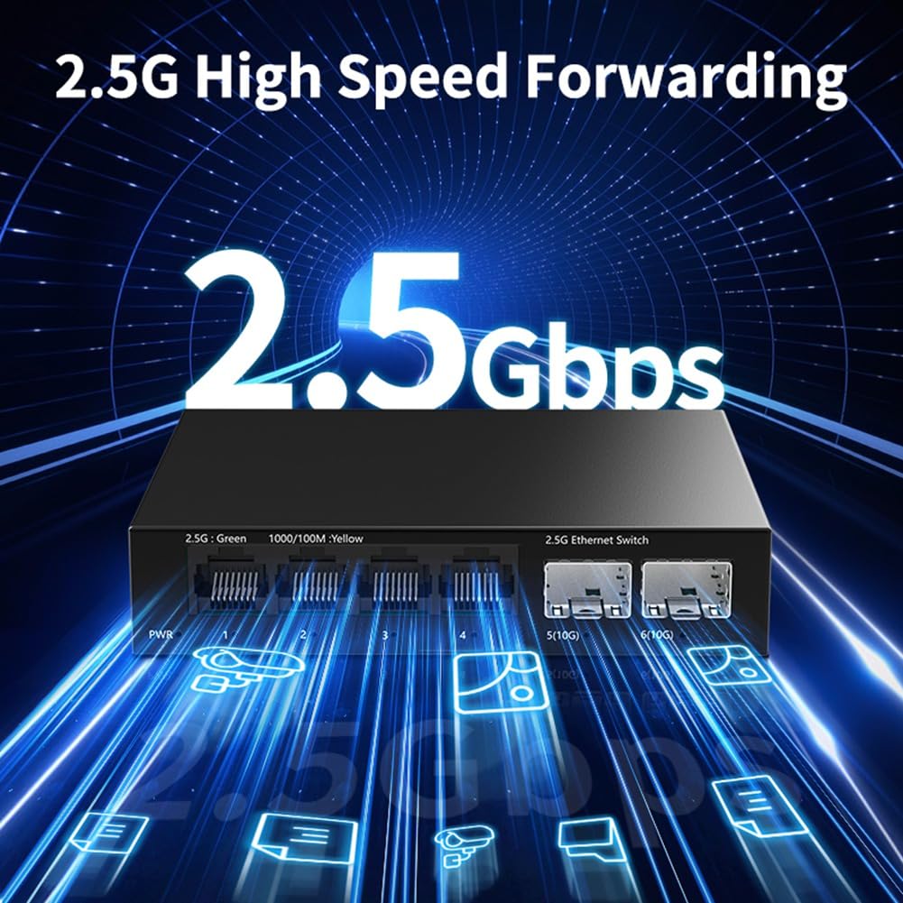 Switch 2,5 Go Commutateur Réseau Non Géré 4 Ports 2,5G avec 2 Ports 10GbE SFP+ Slot Configuration à Domicile Prise de Commutateur Ethernet Prise UE