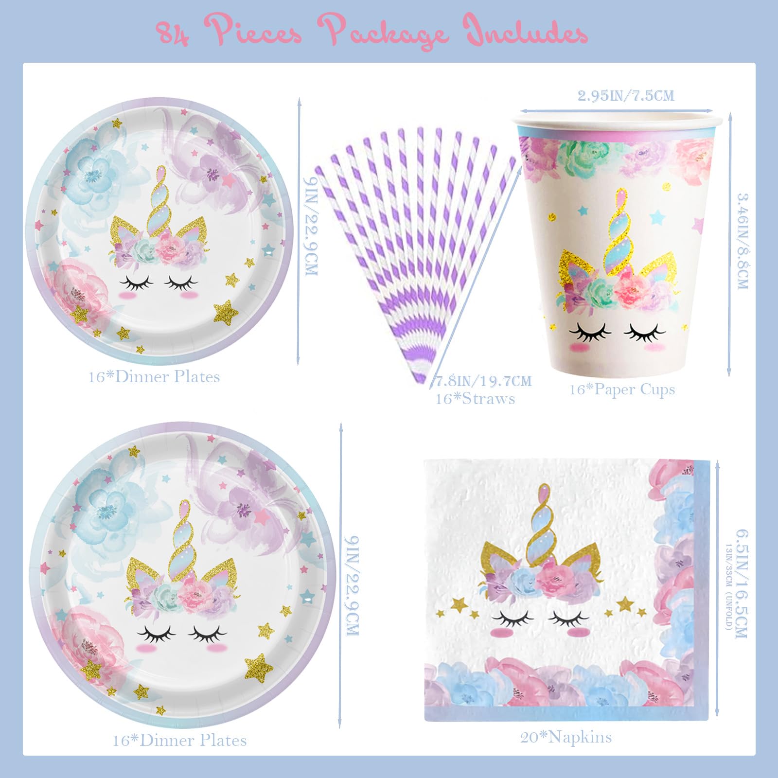 Set Stoviglie Carta Principessa Per Feste Bambini - 84 Pezzi Per 16 Persone, Tema Unicorno, Senza BPA - Foto 4
