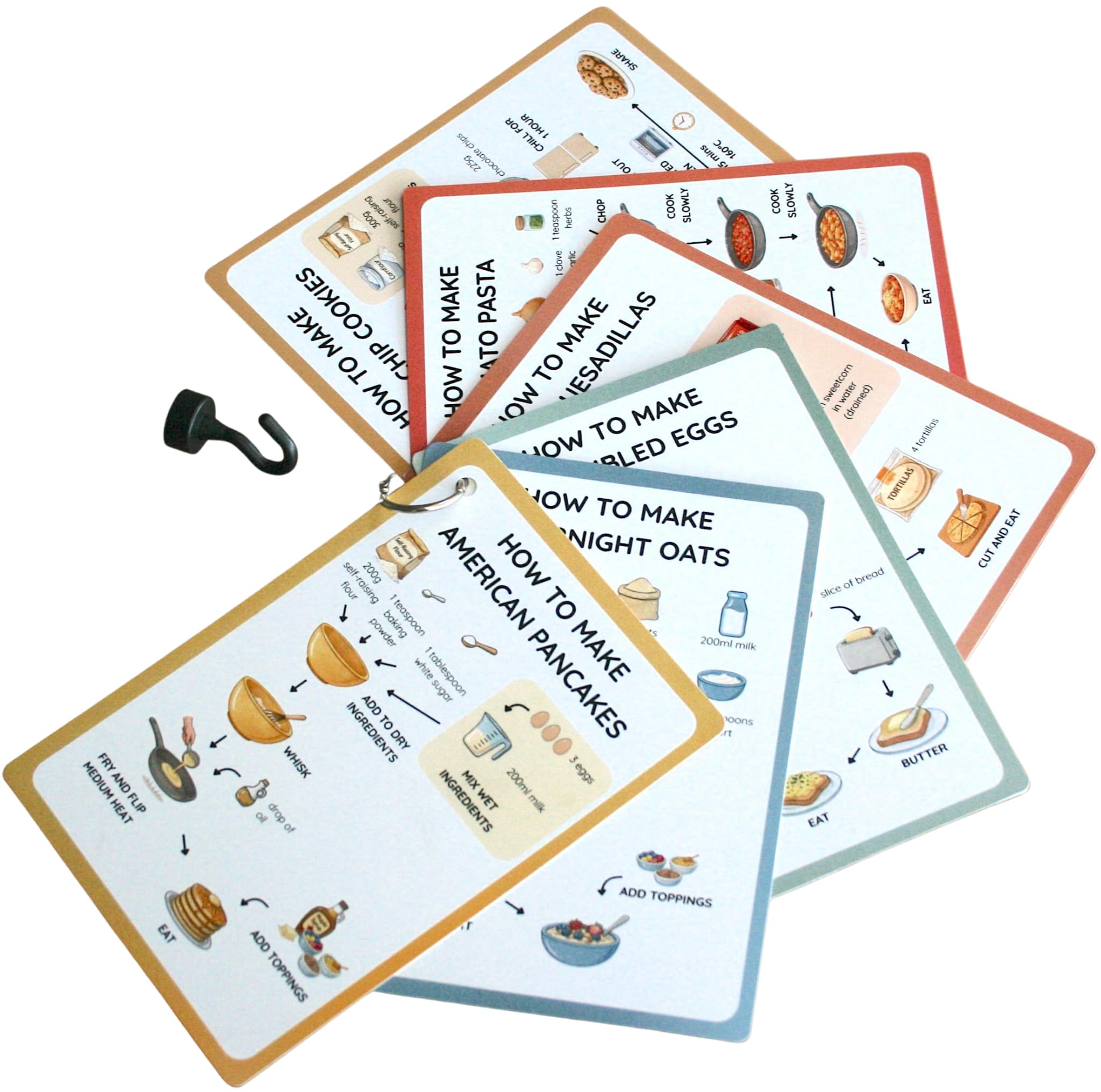 Kids Recipe Cards for Cooking – Wipe Clean Visual Step-by-Step Guide (6 Pack) with Magnetic Hook (A6 Size)