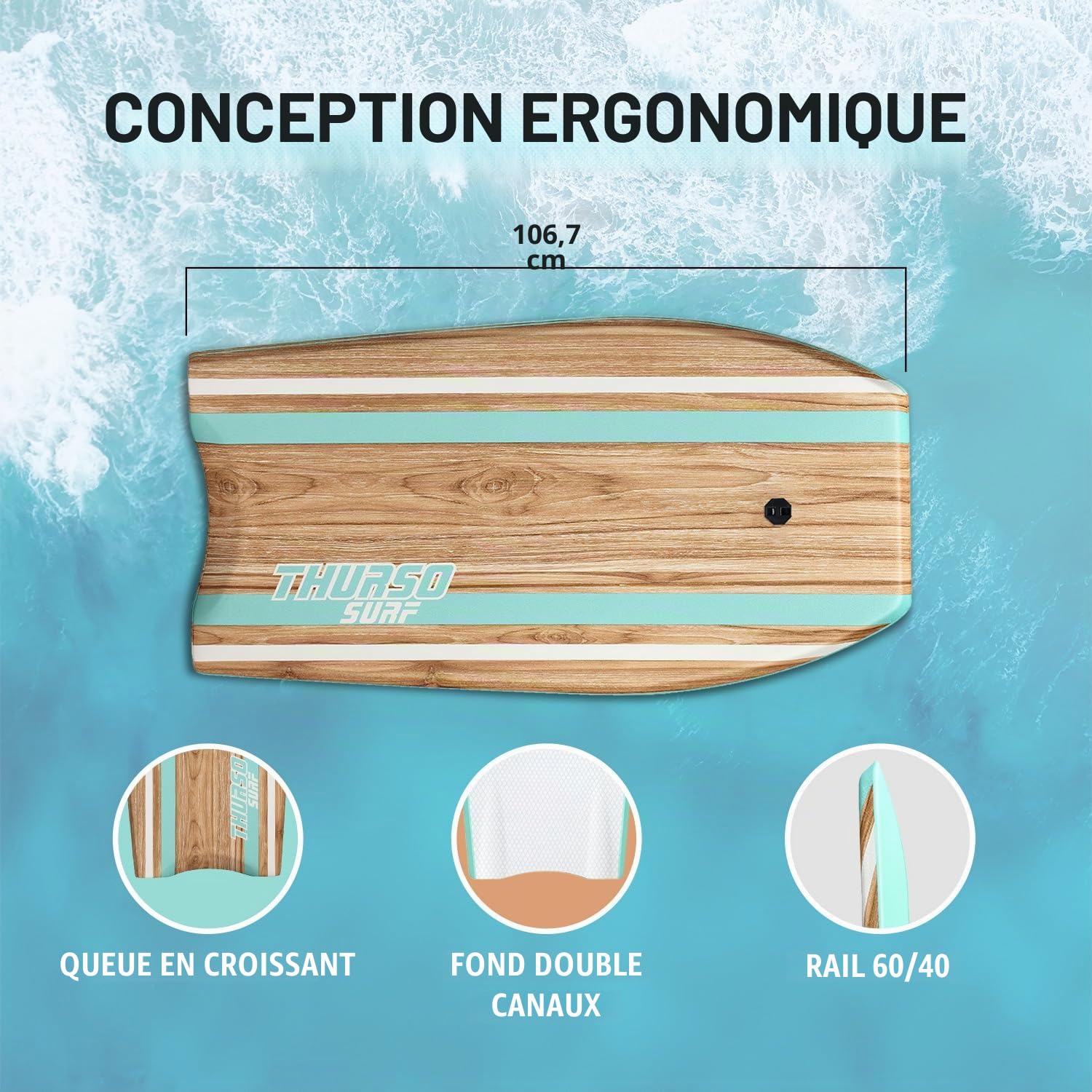Thurso Surf Quill Bodyboard léger et Durable en EPS Core IXPE avec Fond Lisse en polyéthylène Haute densité, Queue Croissante, Double Canal en Maille Plastique avec Double émerillon en Acier