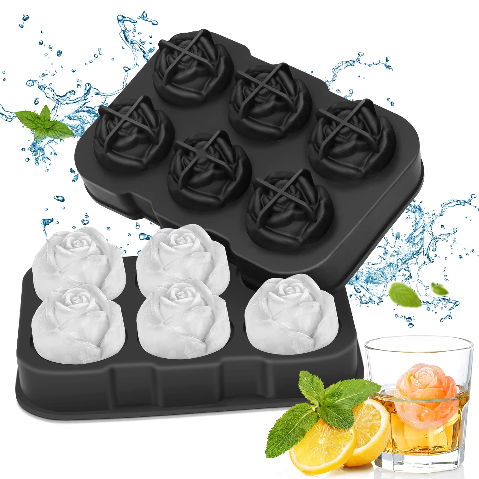 Stampo Per Ghiaccio In Silicone A Forma Di Rosa E Diamante - 2+2 Cubotti Grandi Da 6,3 Cm Per Cocktail, Whisky E Succhi - 3